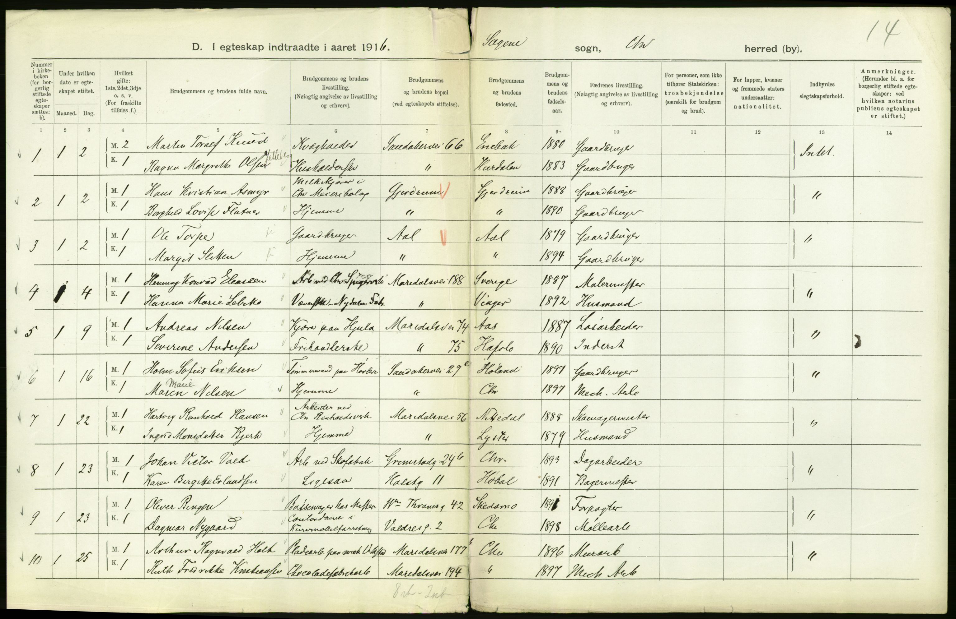 Statistisk sentralbyrå, Sosiodemografiske emner, Befolkning, RA/S-2228/D/Df/Dfb/Dfbf/L0008: Kristiania: Gifte, 1916, p. 74