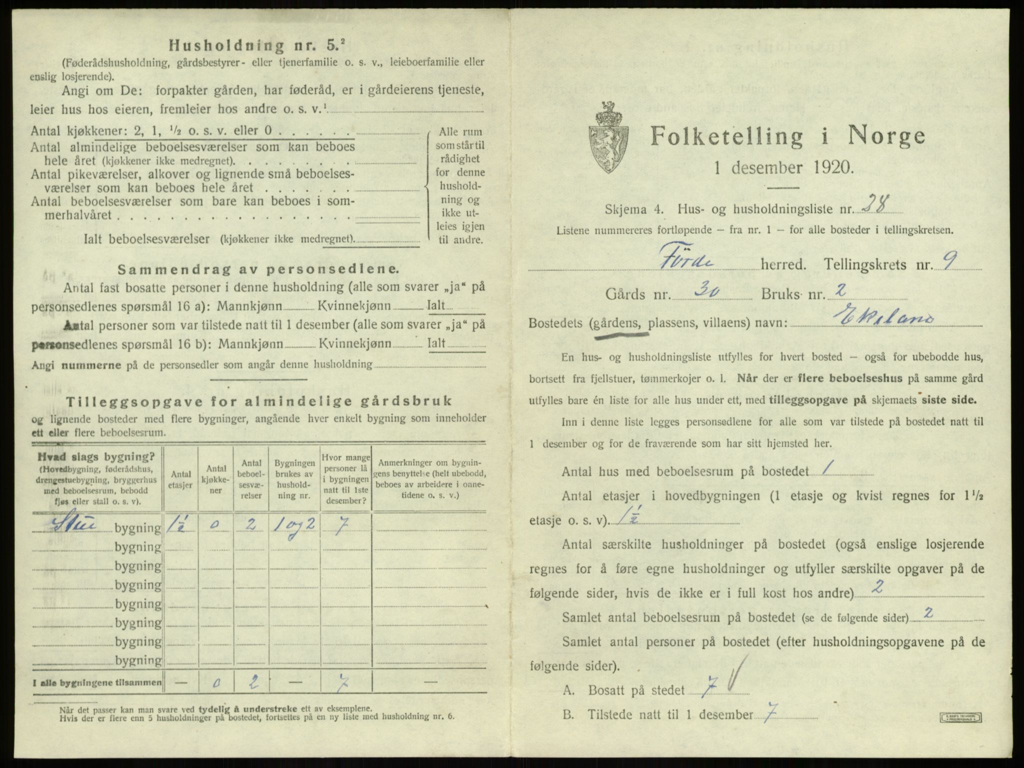 SAB, 1920 census for Førde, 1920, p. 527