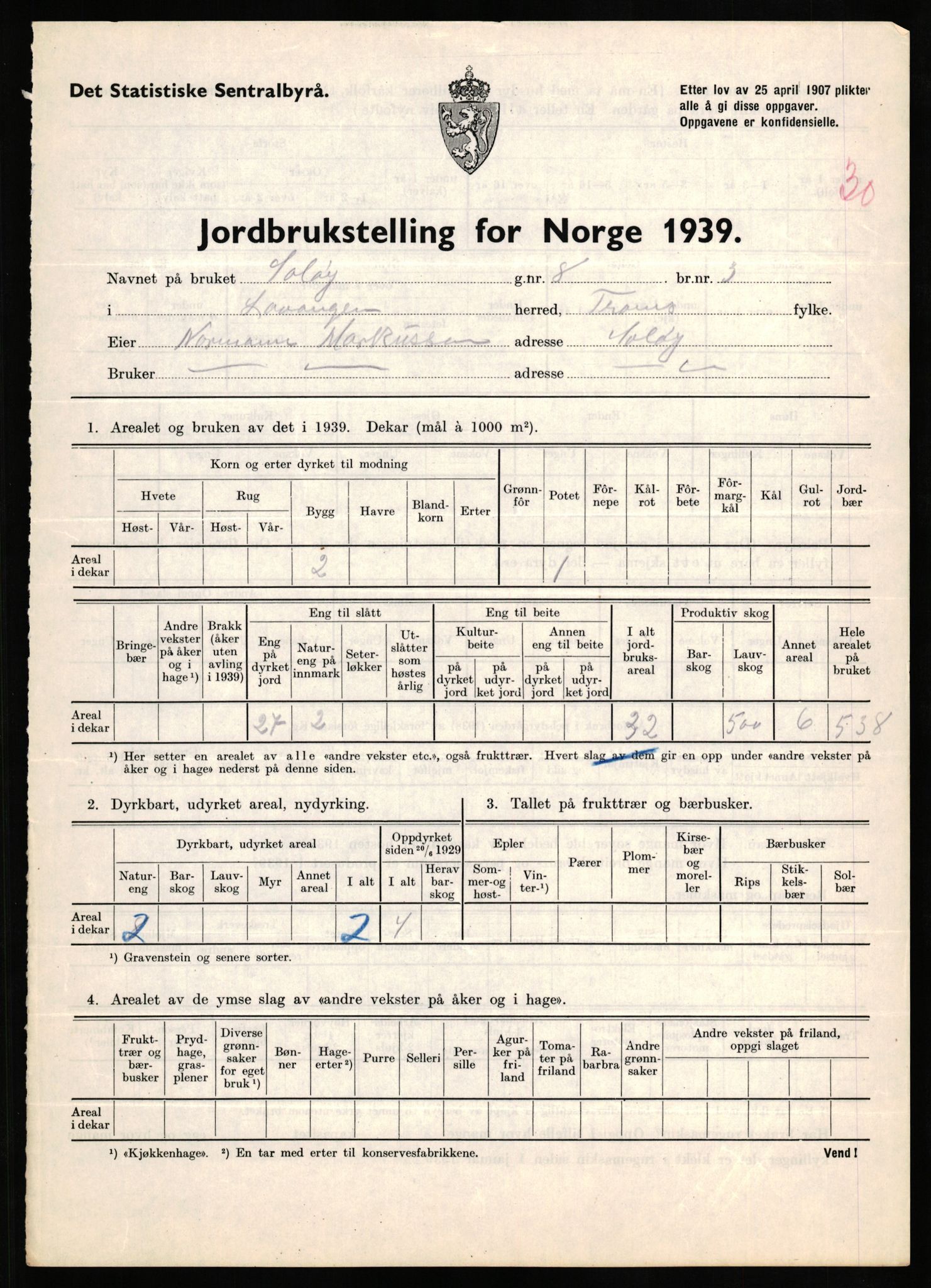 Statistisk sentralbyrå, Næringsøkonomiske emner, Jordbruk, skogbruk, jakt, fiske og fangst, AV/RA-S-2234/G/Gb/L0339: Troms: Andørja, Astafjord og Lavangen, 1939, p. 1036