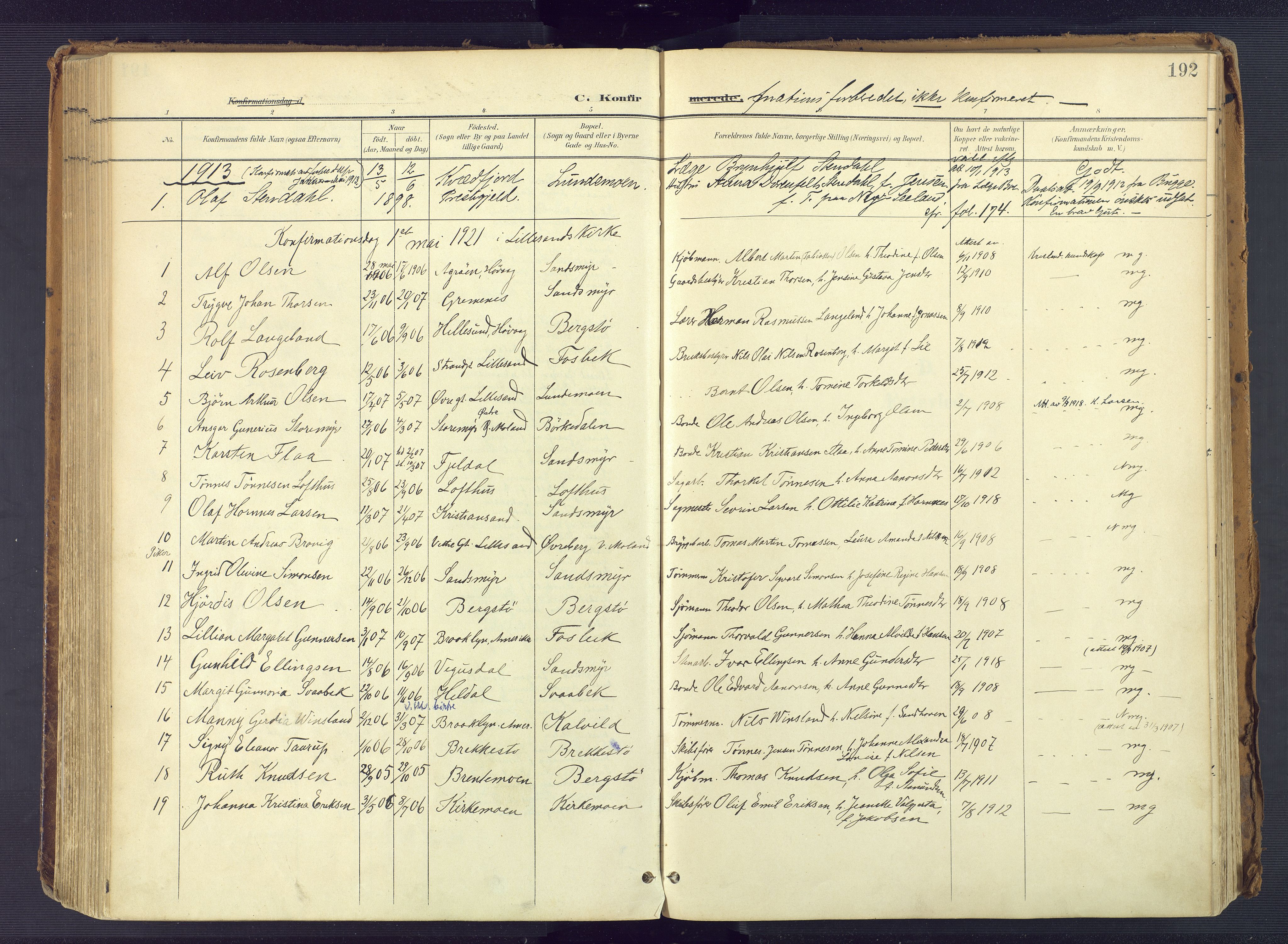 Vestre Moland sokneprestkontor, SAK/1111-0046/F/Fa/Fab/L0010: Parish register (official) no. A 10, 1900-1926, p. 192
