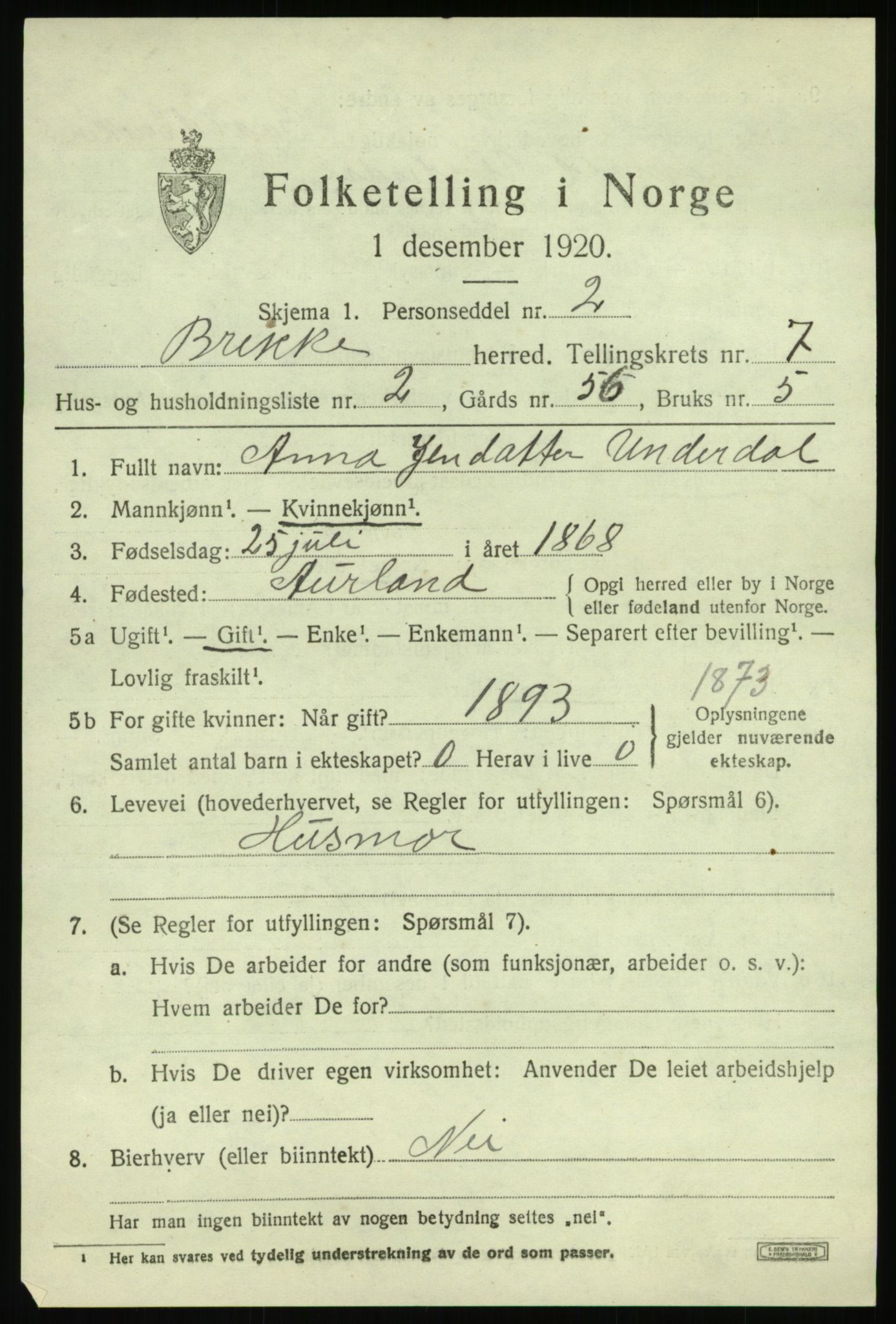 SAB, 1920 census for Brekke, 1920, p. 1484