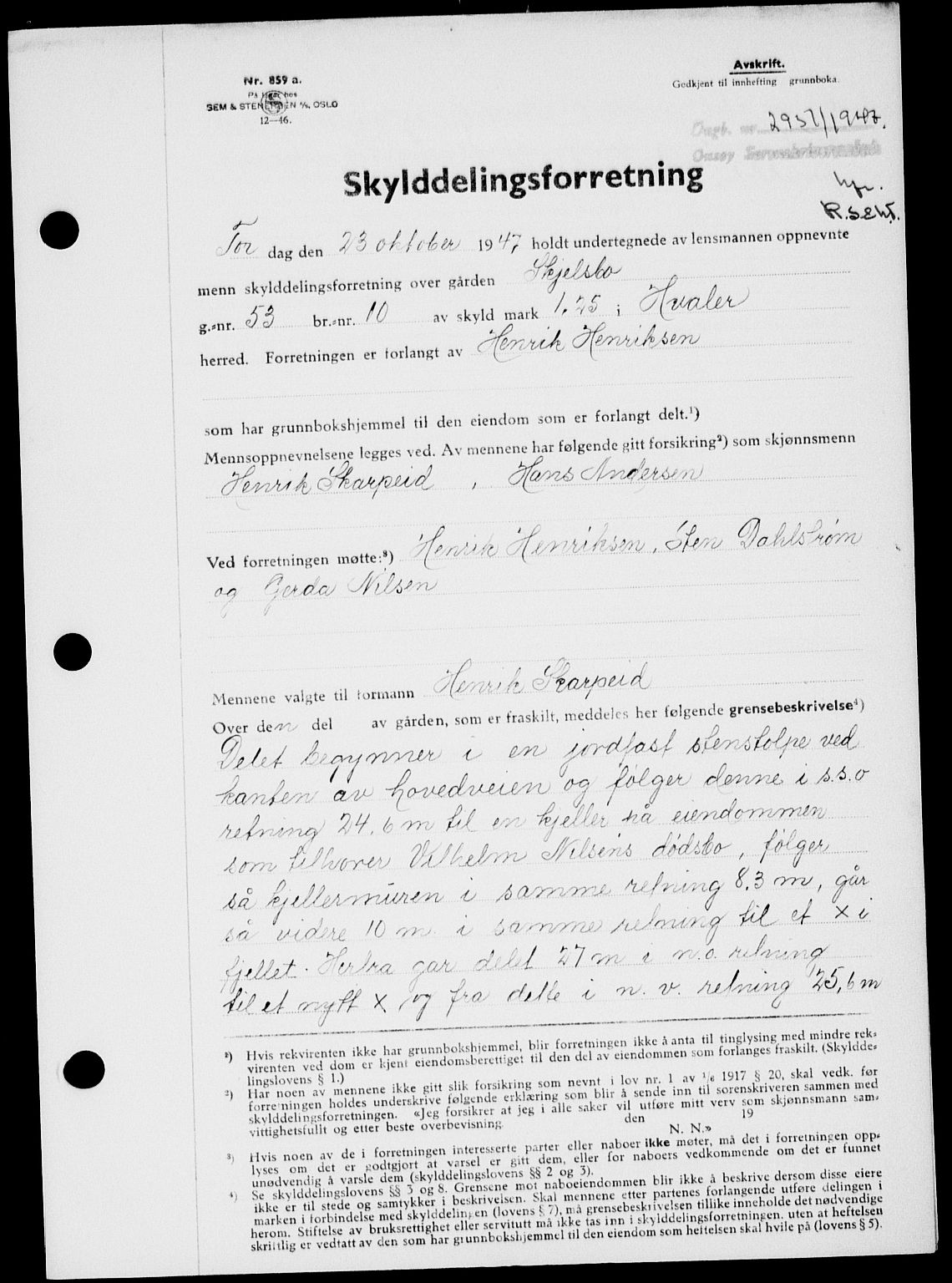 Onsøy sorenskriveri, SAO/A-10474/G/Ga/Gab/L0021: Mortgage book no. II A-21, 1947-1947, Diary no: : 2951/1947