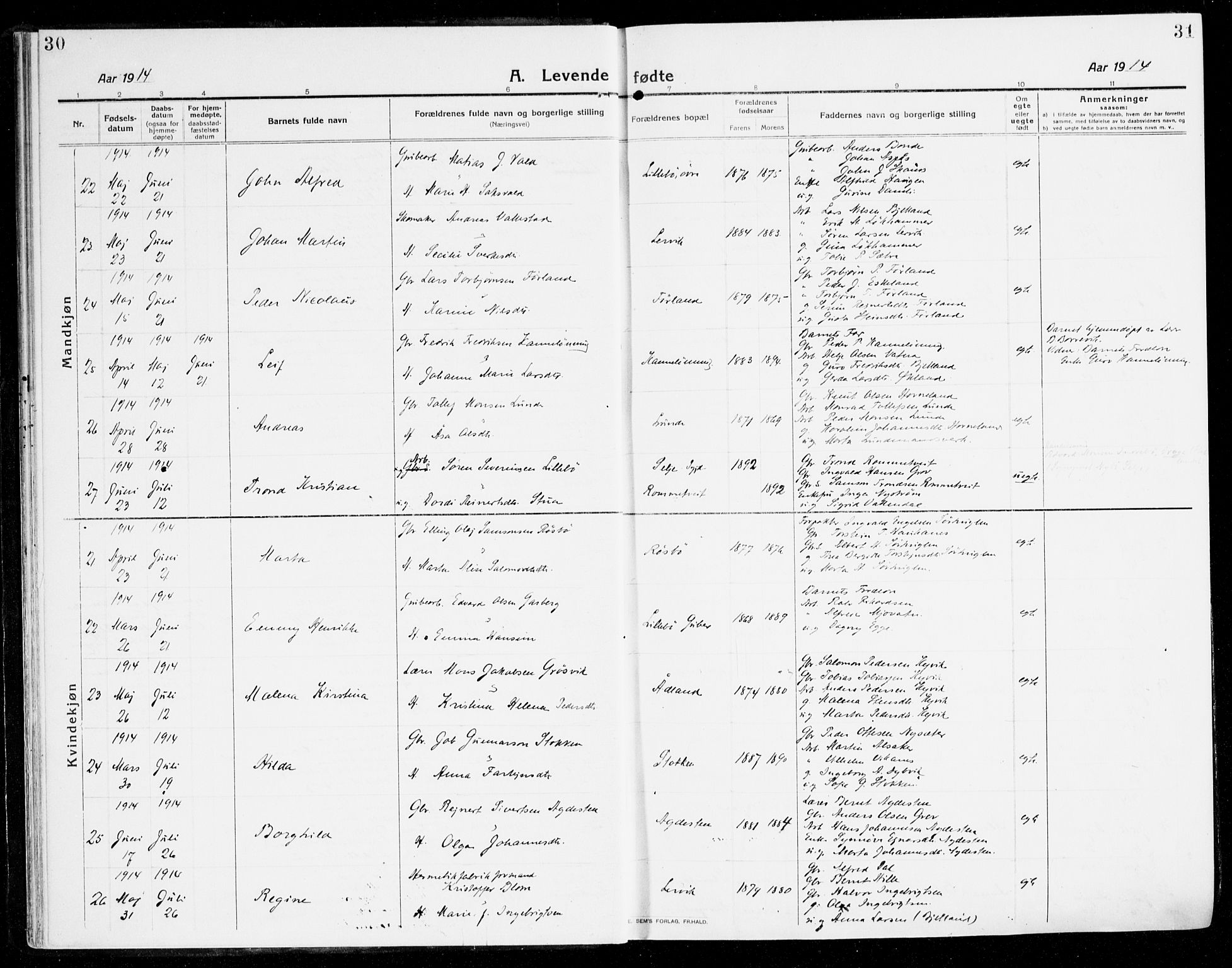 Stord sokneprestembete, SAB/A-78201/H/Haa: Parish register (official) no. B 3, 1913-1925, p. 30-31