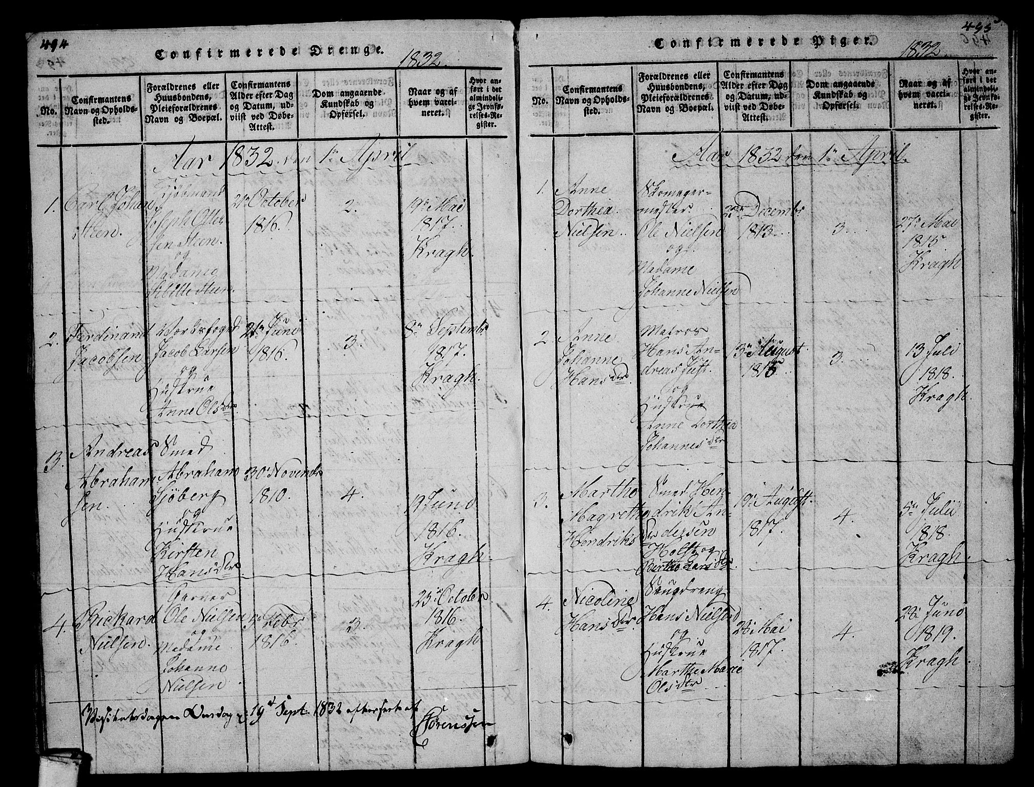 Larvik kirkebøker, AV/SAKO-A-352/G/Gb/L0001: Parish register (copy) no. II 1, 1818-1843, p. 494-495