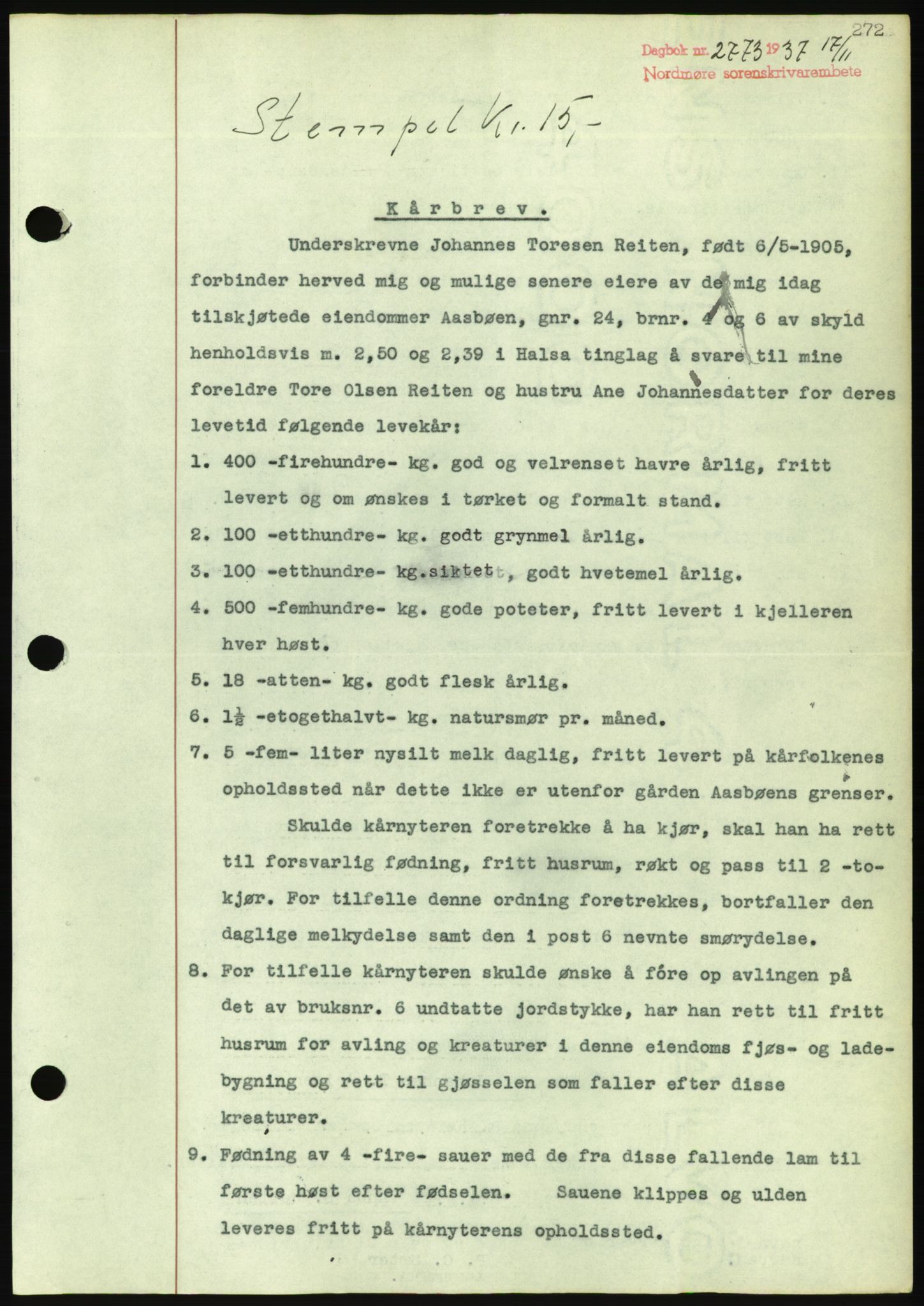 Nordmøre sorenskriveri, AV/SAT-A-4132/1/2/2Ca/L0092: Mortgage book no. B82, 1937-1938, Diary no: : 2773/1937