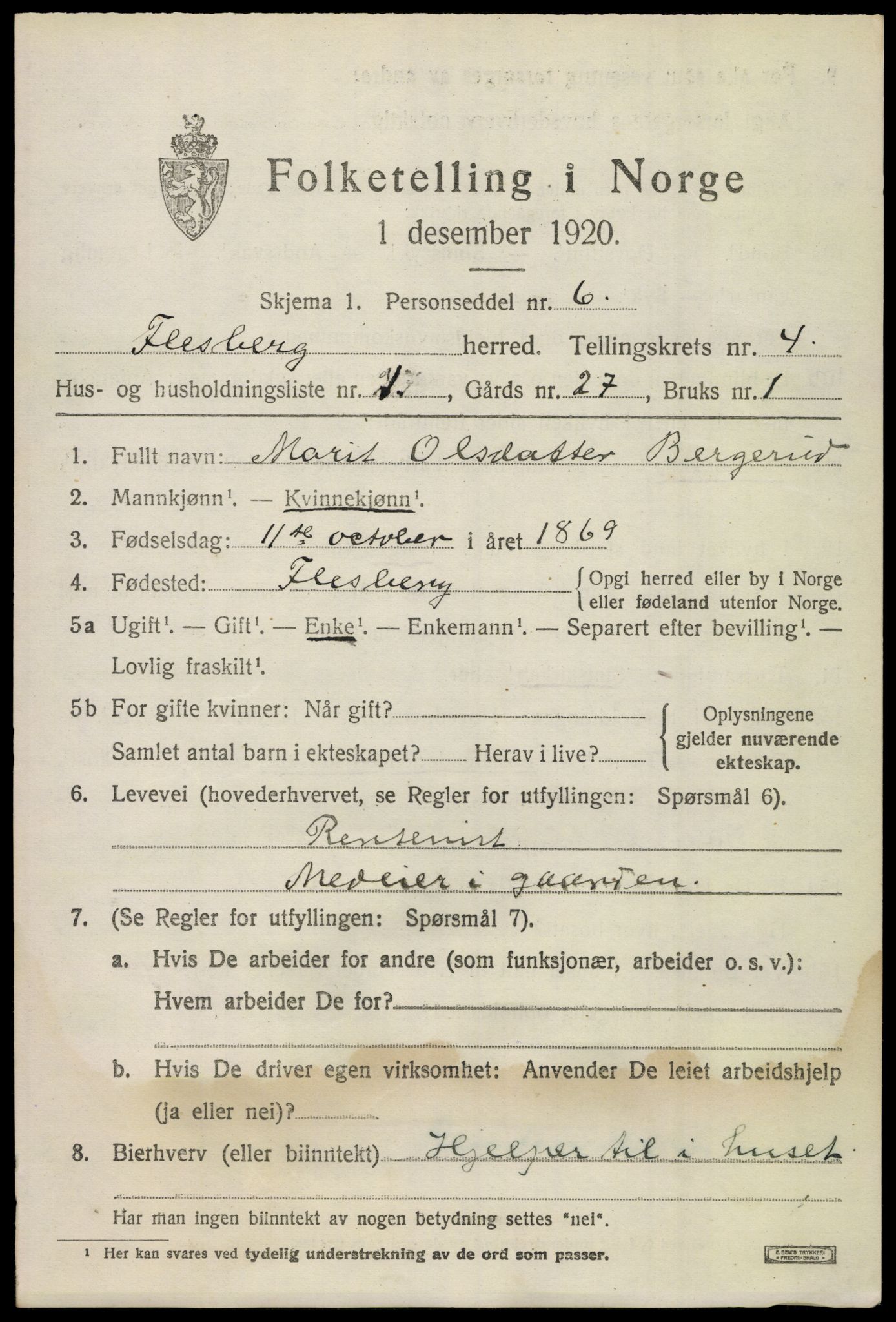 SAKO, 1920 census for Flesberg, 1920, p. 2165