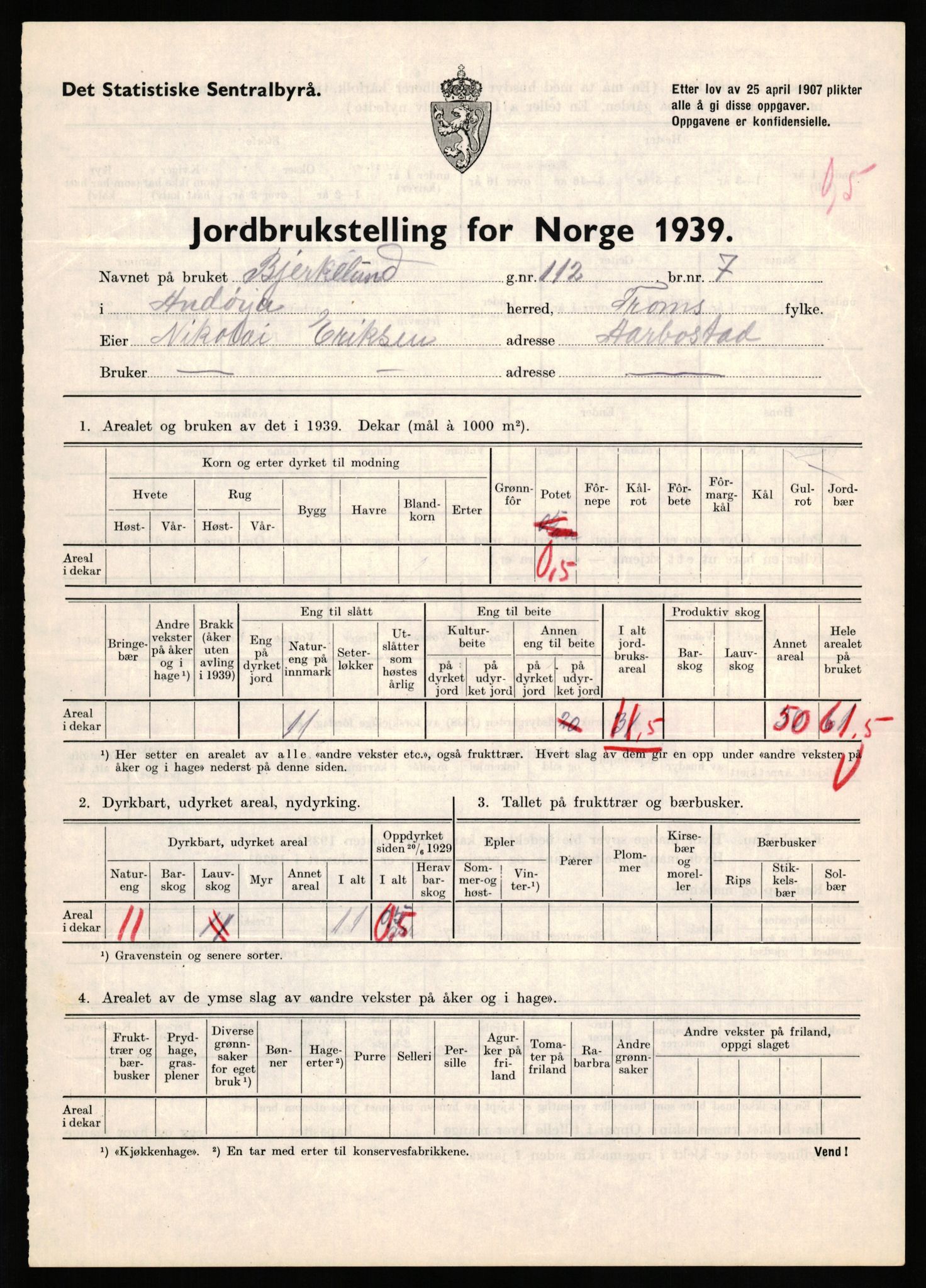 Statistisk sentralbyrå, Næringsøkonomiske emner, Jordbruk, skogbruk, jakt, fiske og fangst, AV/RA-S-2234/G/Gb/L0339: Troms: Andørja, Astafjord og Lavangen, 1939, p. 514