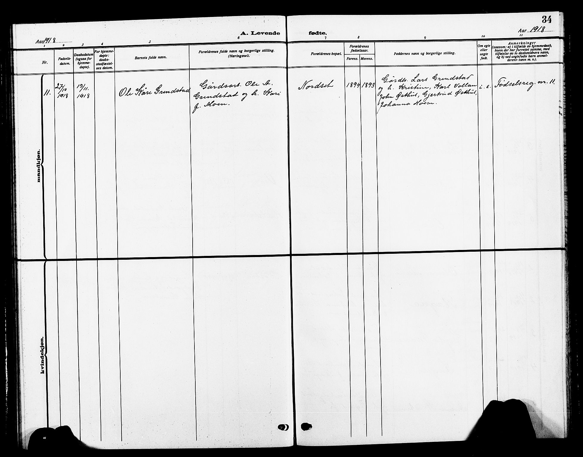 Ministerialprotokoller, klokkerbøker og fødselsregistre - Sør-Trøndelag, SAT/A-1456/618/L0453: Parish register (copy) no. 618C04, 1907-1925, p. 34
