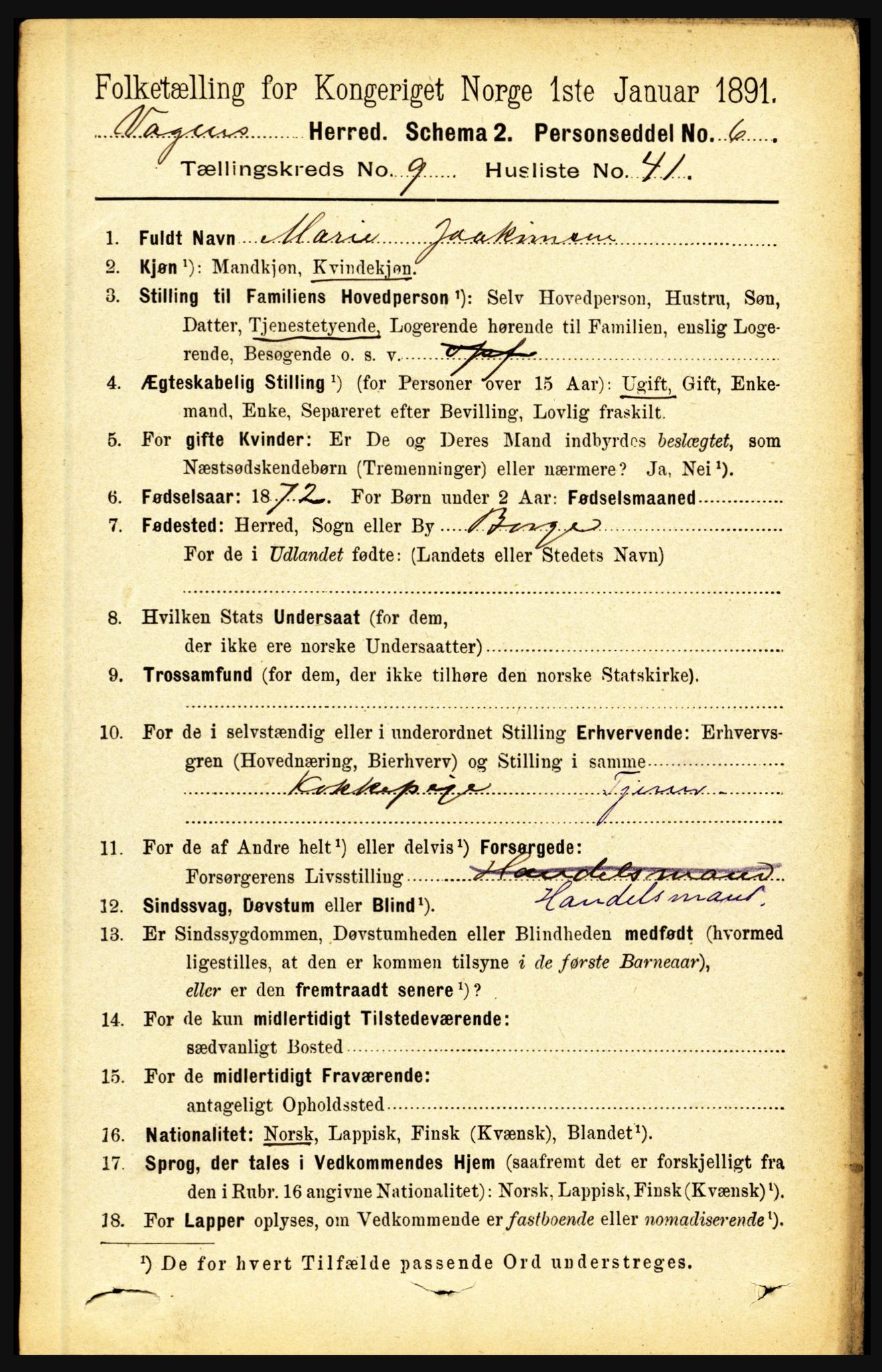 RA, 1891 census for 1865 Vågan, 1891, p. 2512