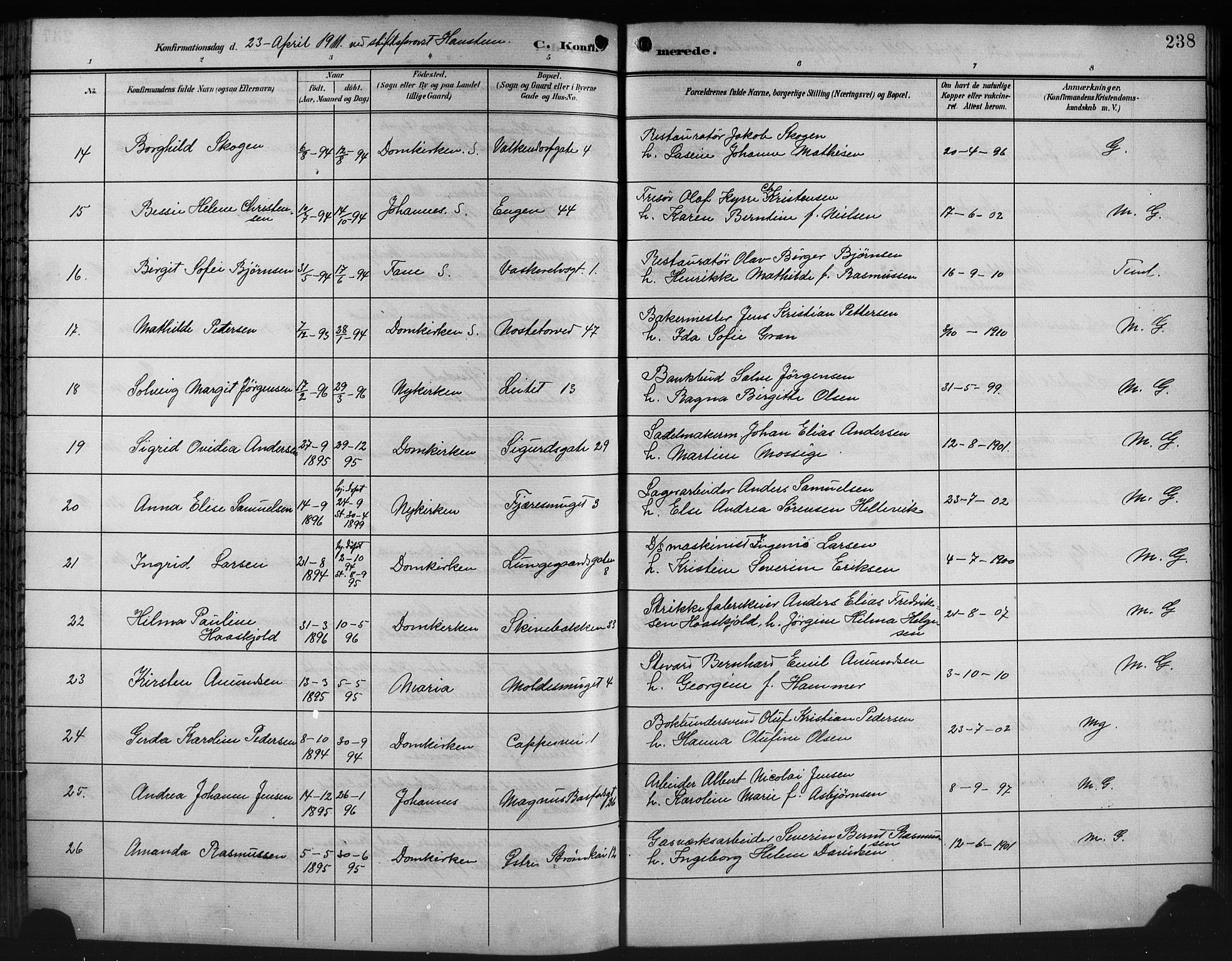 Domkirken sokneprestembete, SAB/A-74801/H/Hab/L0025: Parish register (copy) no. C 5, 1899-1916, p. 238
