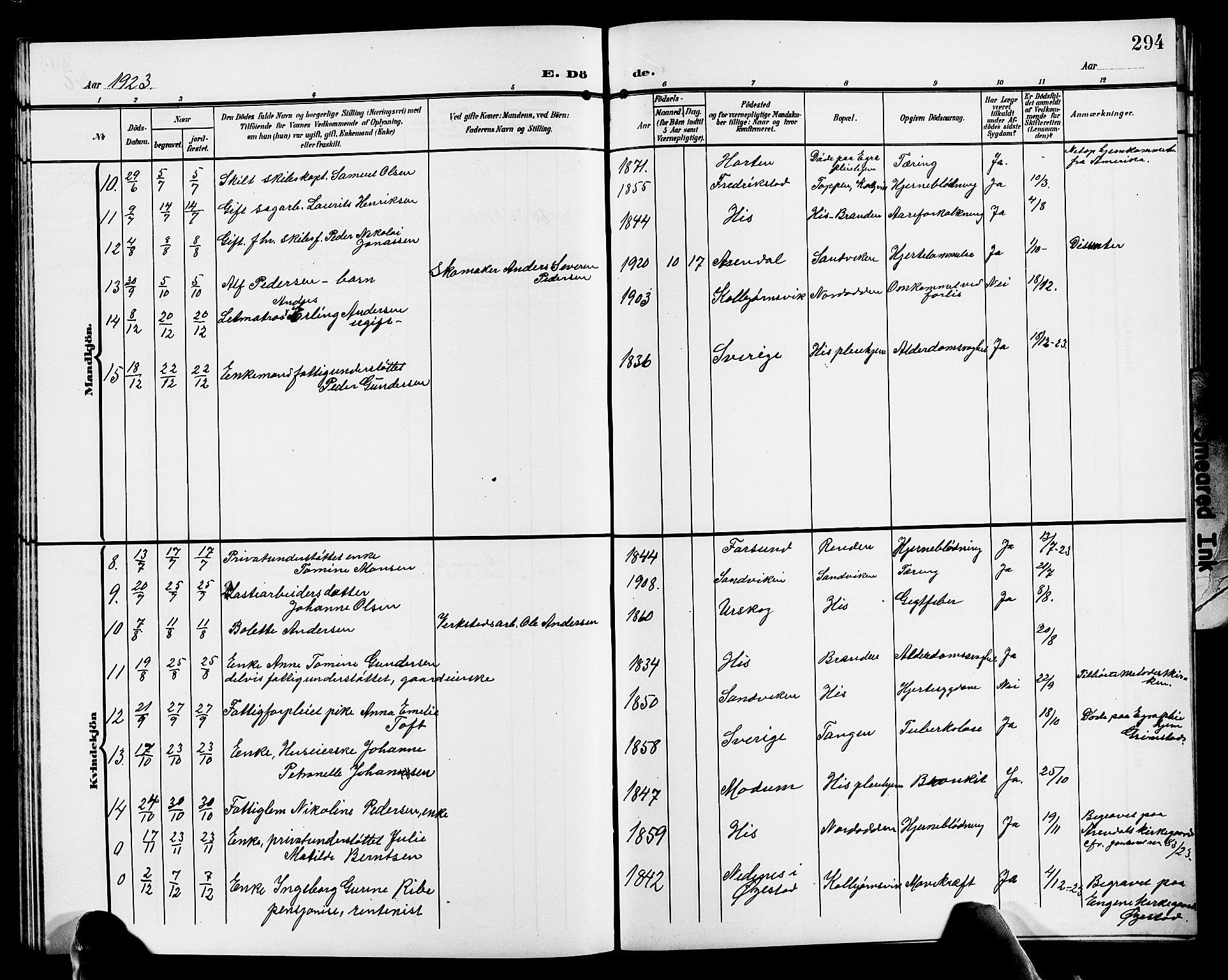 Hisøy sokneprestkontor, AV/SAK-1111-0020/F/Fb/L0004: Parish register (copy) no. B 4, 1905-1923, p. 294