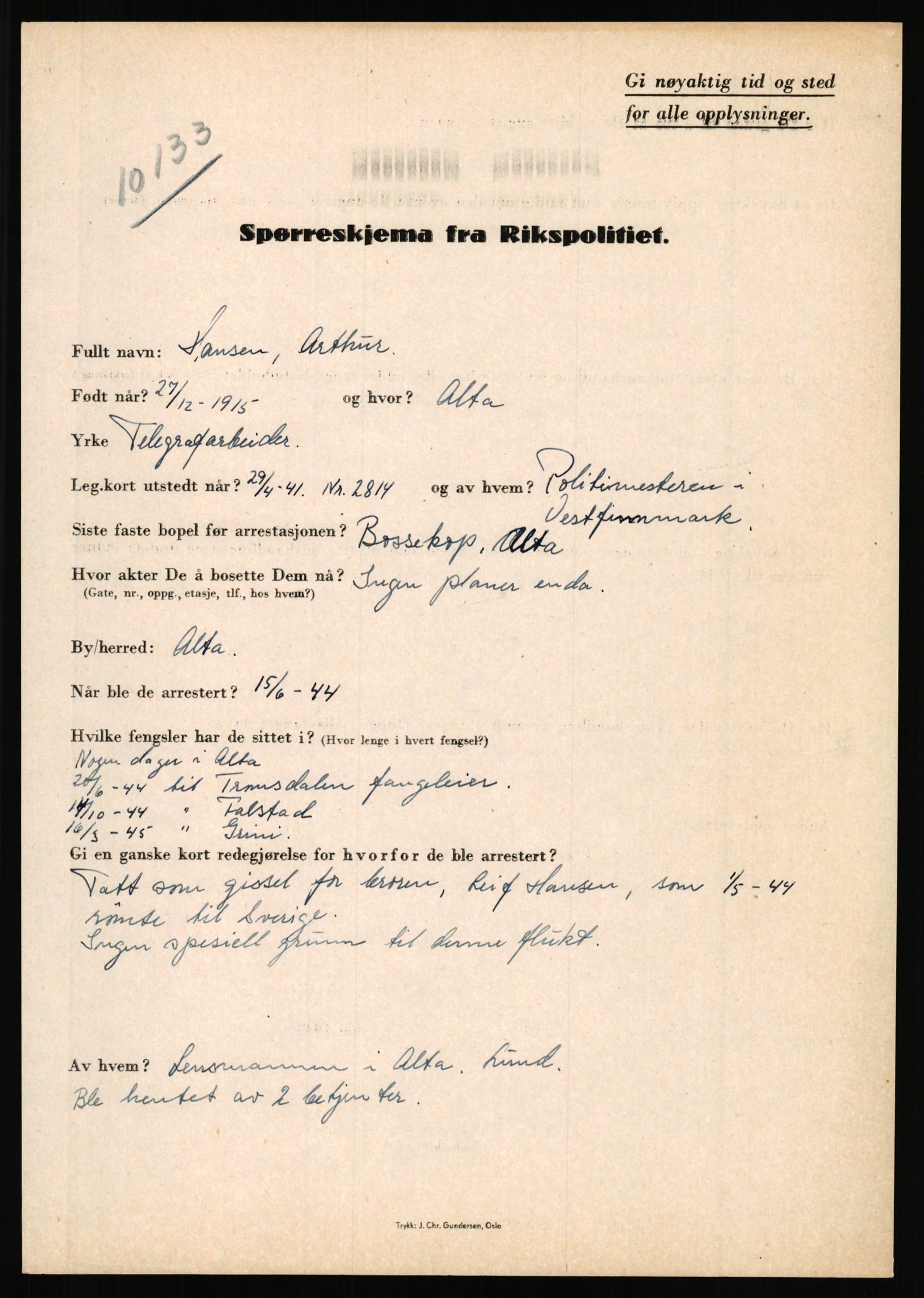 Rikspolitisjefen, AV/RA-S-1560/L/L0006: Hansen, Adolf Boye - Hemstad, Gunnar, 1940-1945, p. 45