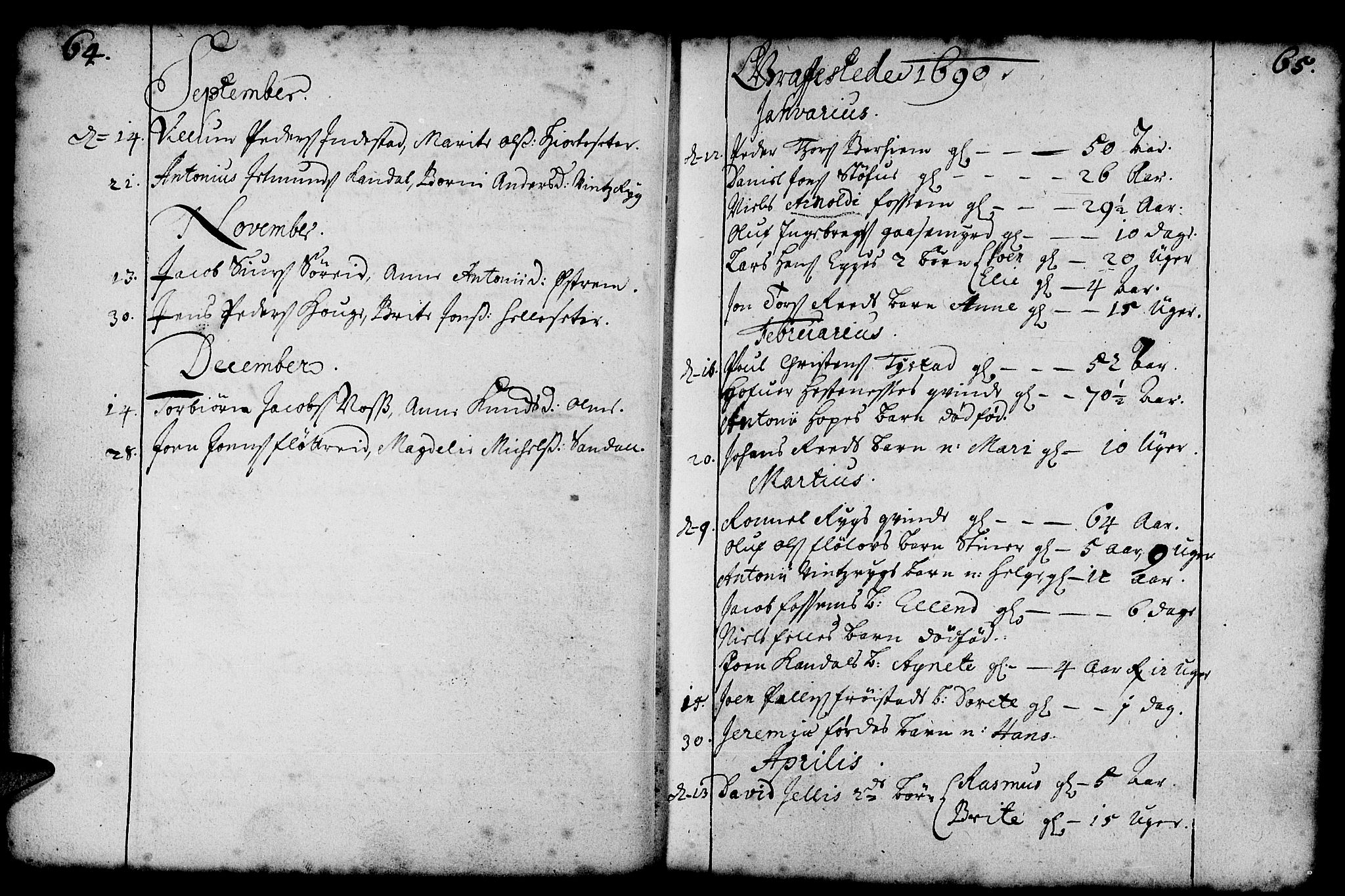 Gloppen sokneprestembete, SAB/A-80101/H/Haa/Haaa/L0001: Parish register (official) no. A 1, 1686-1711, p. 64-65