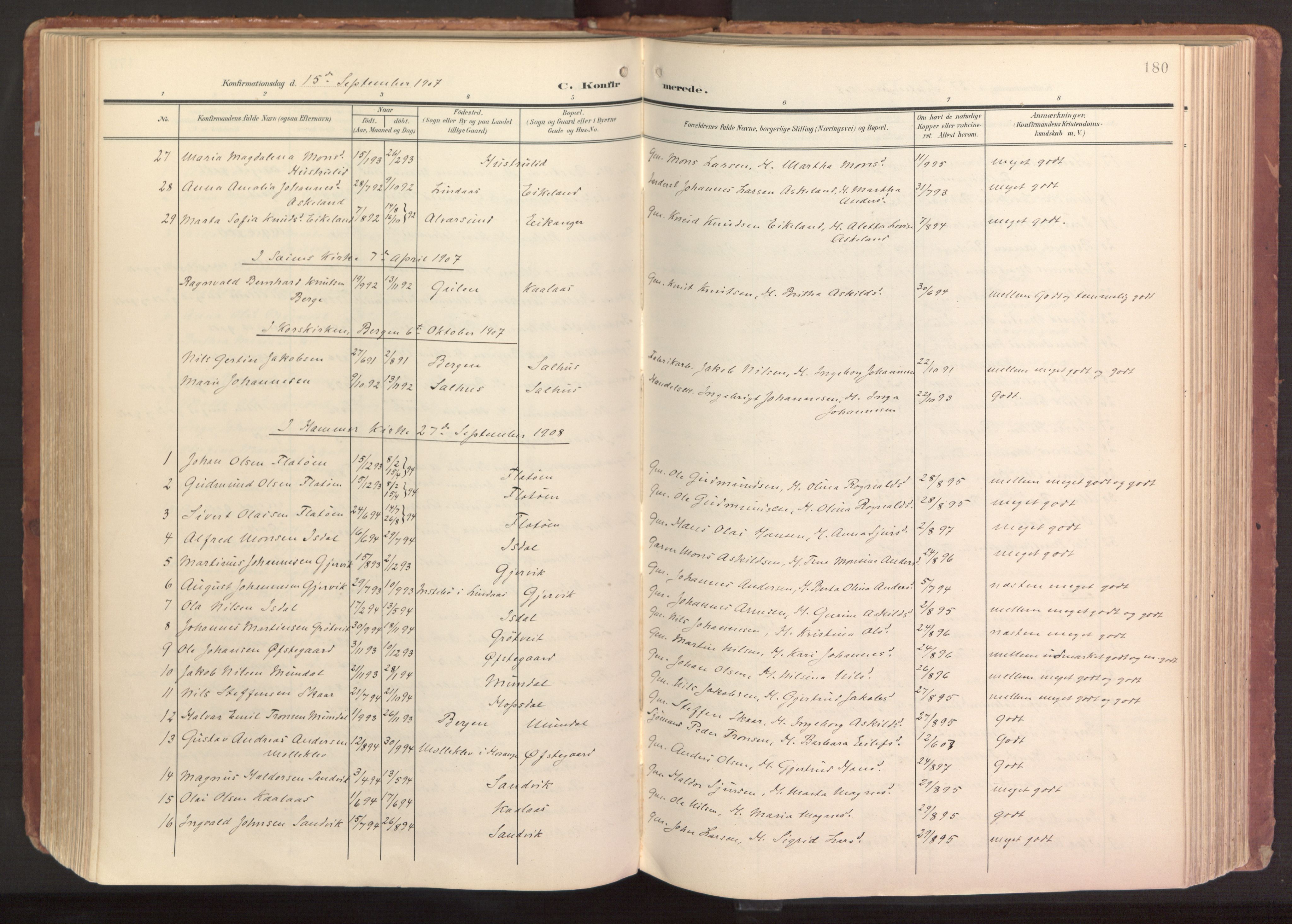 Hamre sokneprestembete, AV/SAB-A-75501/H/Ha/Haa/Haab/L0002: Parish register (official) no. B 2, 1905-1924, p. 180