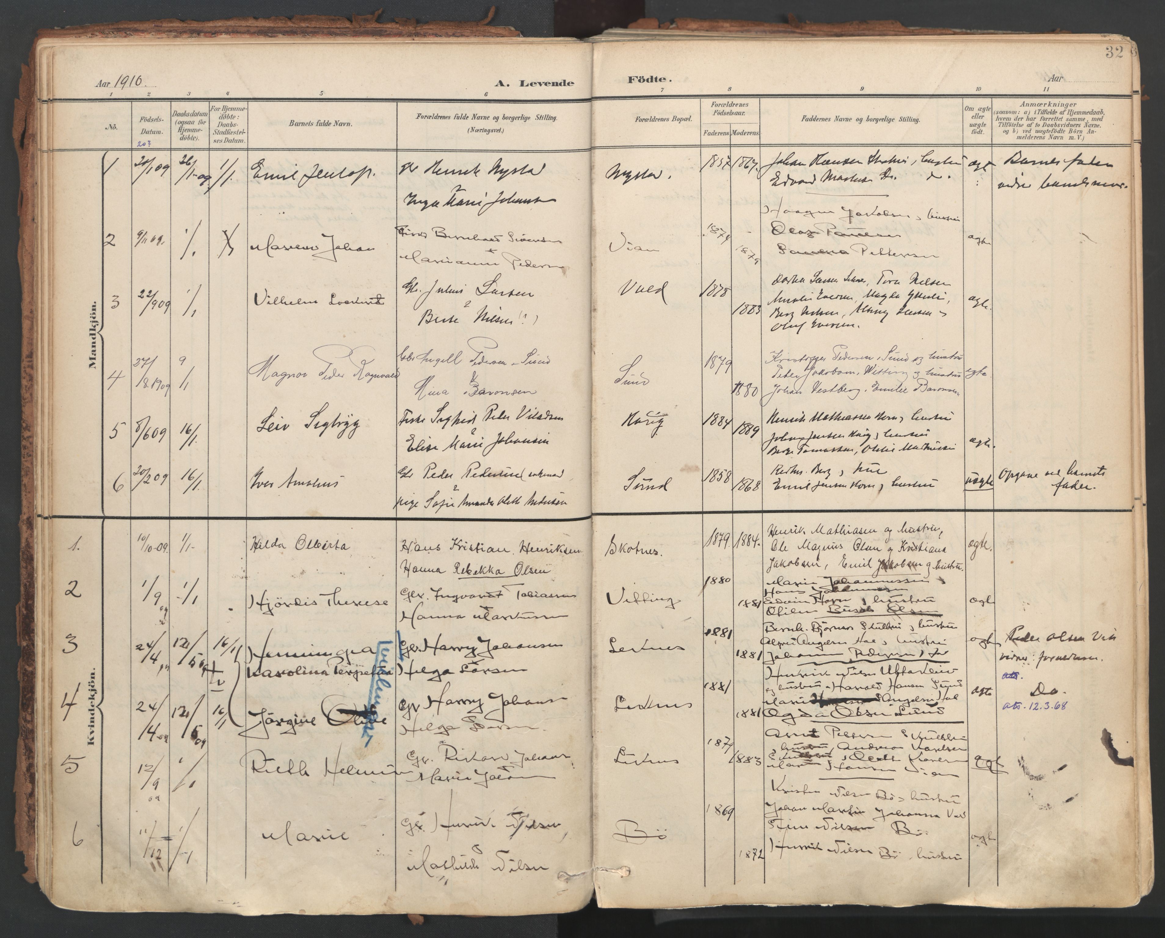 Ministerialprotokoller, klokkerbøker og fødselsregistre - Nordland, AV/SAT-A-1459/881/L1154: Parish register (official) no. 881A07, 1907-1918, p. 32