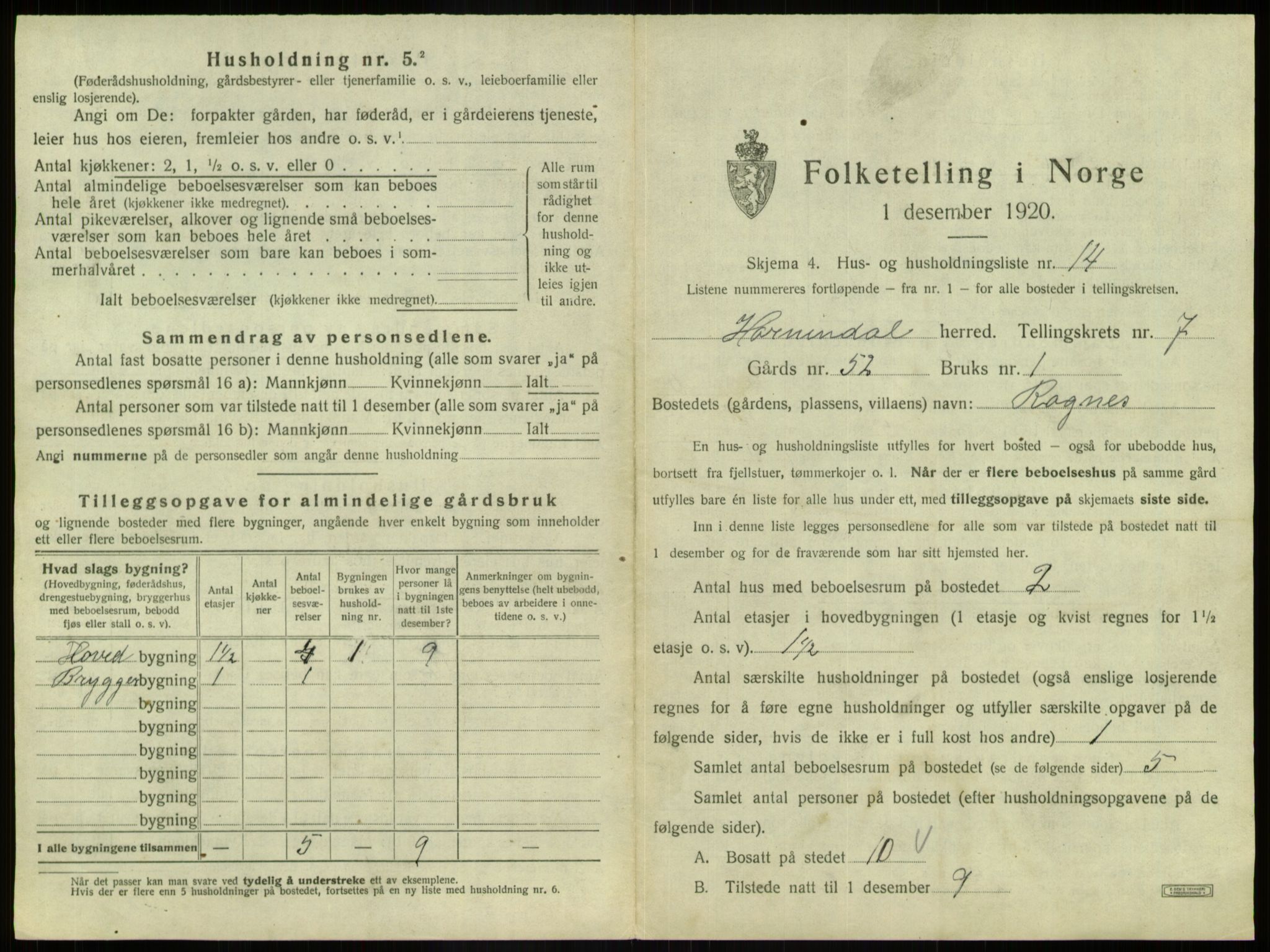 SAB, 1920 census for Hornindal, 1920, p. 499