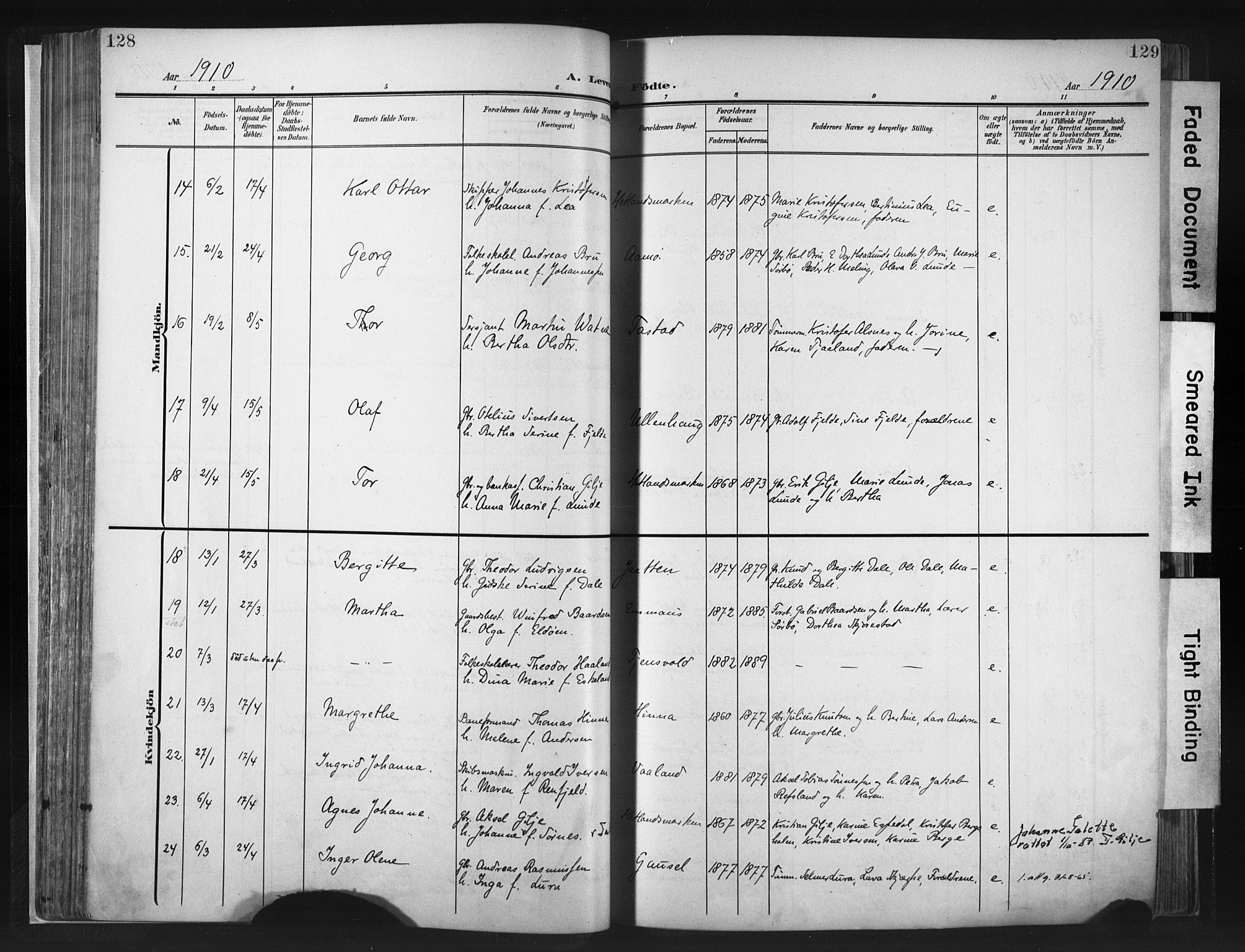 Hetland sokneprestkontor, AV/SAST-A-101826/30/30BA/L0013: Parish register (official) no. A 13, 1904-1918, p. 128-129