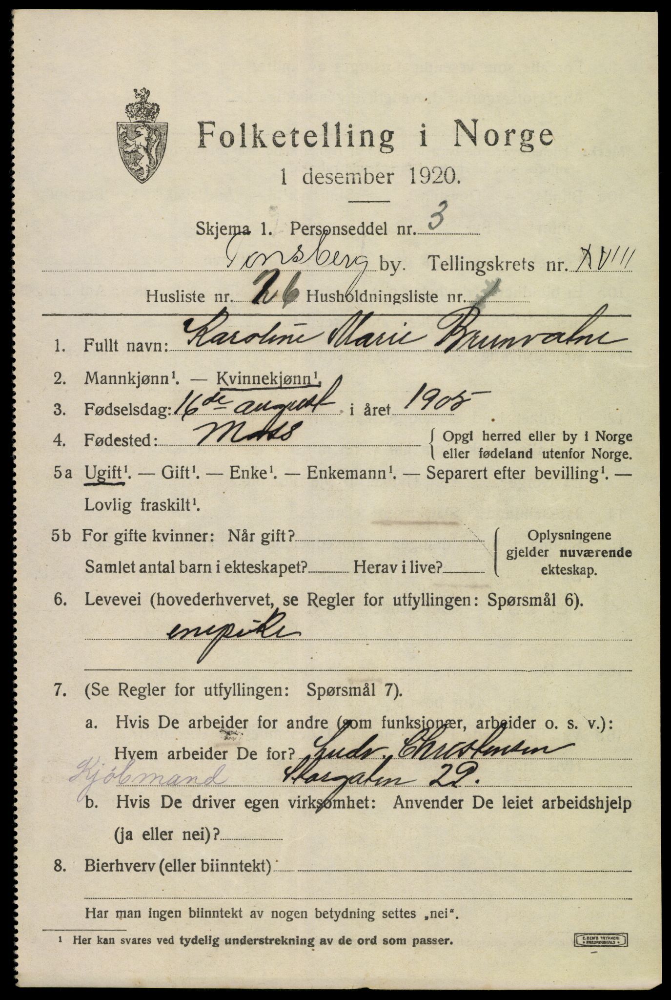 SAKO, 1920 census for Tønsberg, 1920, p. 27291