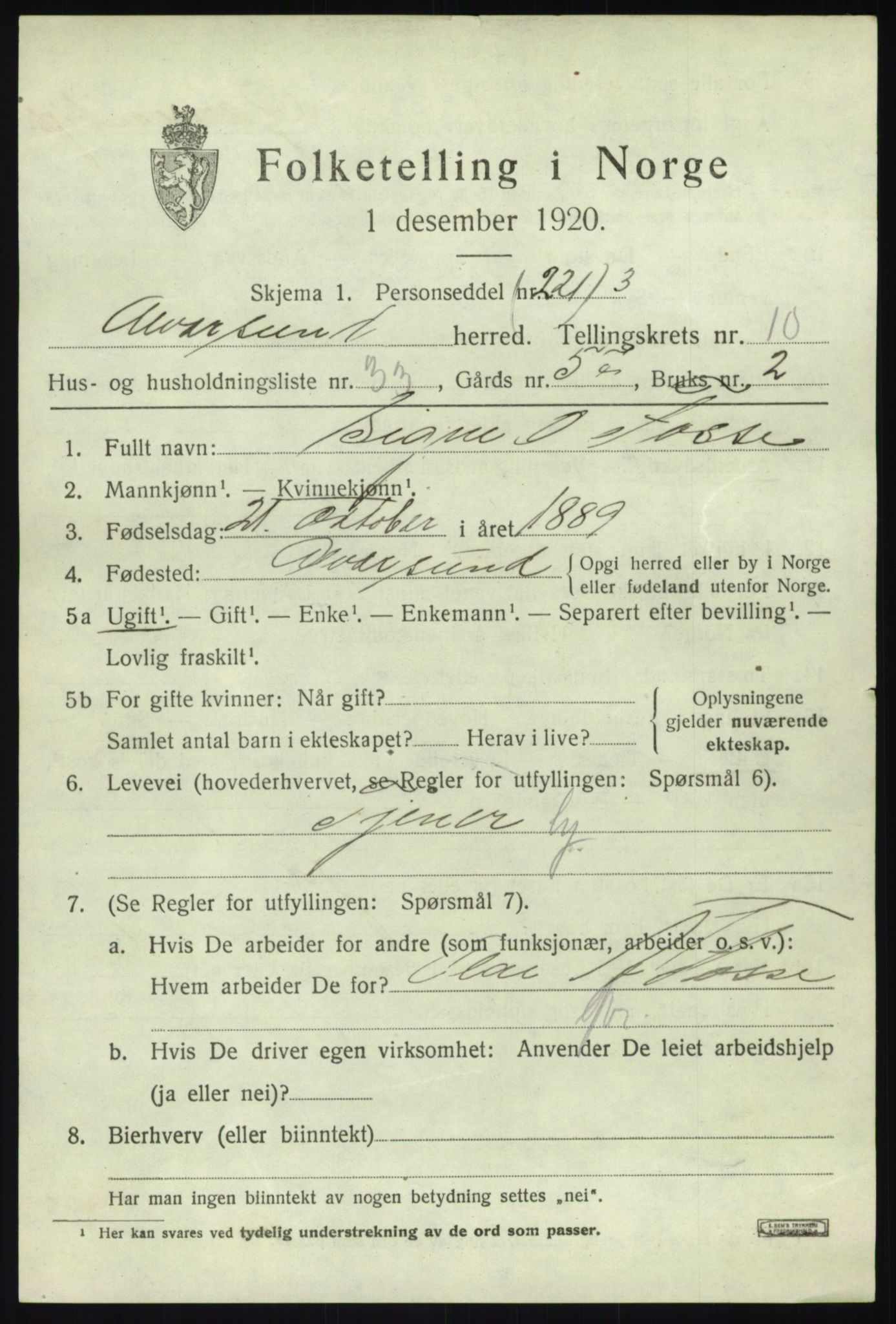SAB, 1920 census for Alversund, 1920, p. 6674