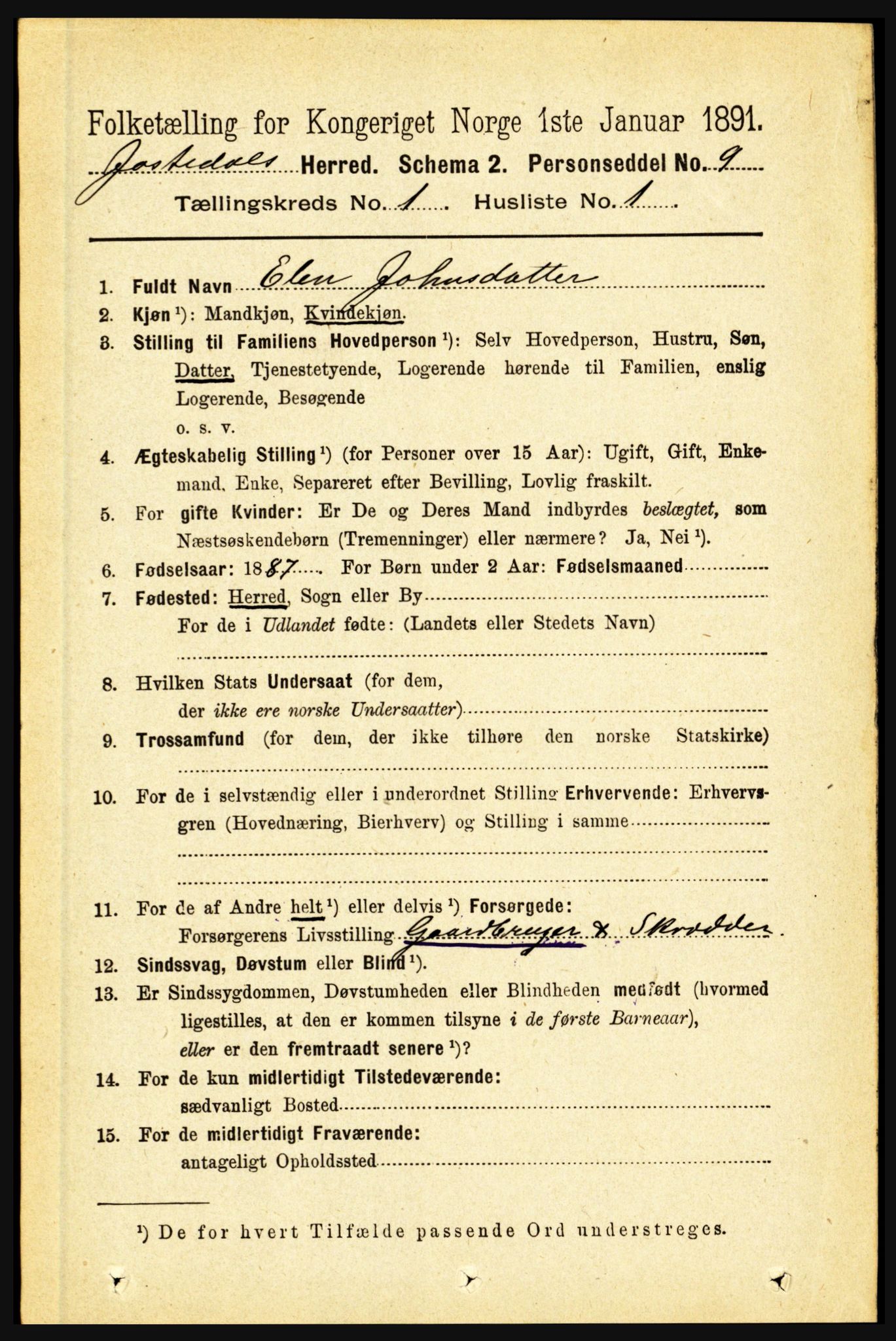 RA, 1891 census for 1427 Jostedal, 1891, p. 74