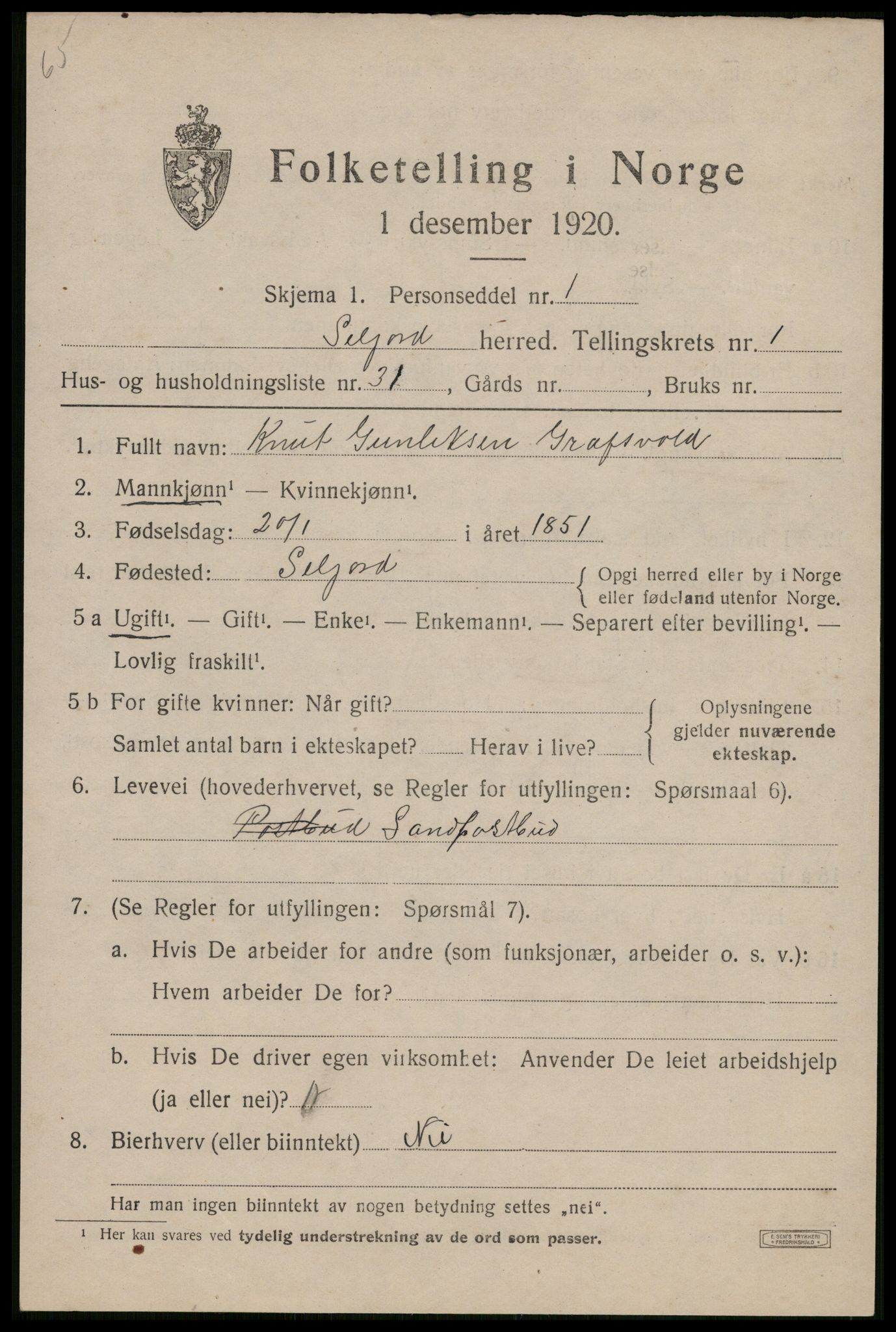 SAKO, 1920 census for Seljord, 1920, p. 1512