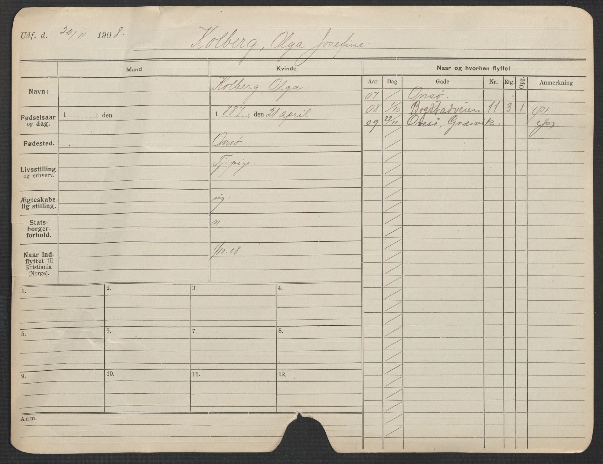 Oslo folkeregister, Registerkort, AV/SAO-A-11715/F/Fa/Fac/L0018: Kvinner, 1906-1914, p. 1317a