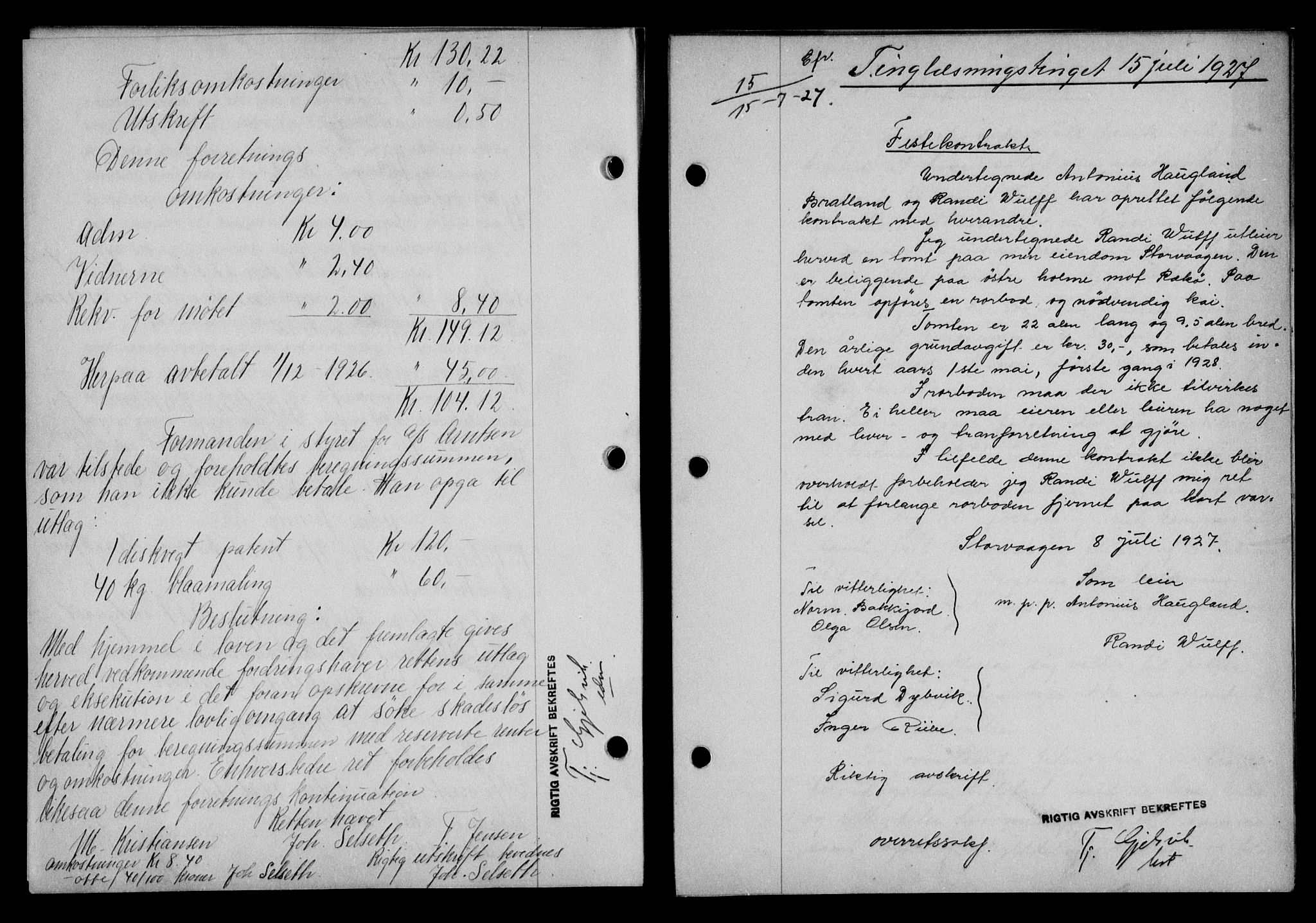 Lofoten sorenskriveri, AV/SAT-A-0017/1/2/2C/L0015b: Mortgage book no. 15b, 1927-1927, Deed date: 15.07.1927