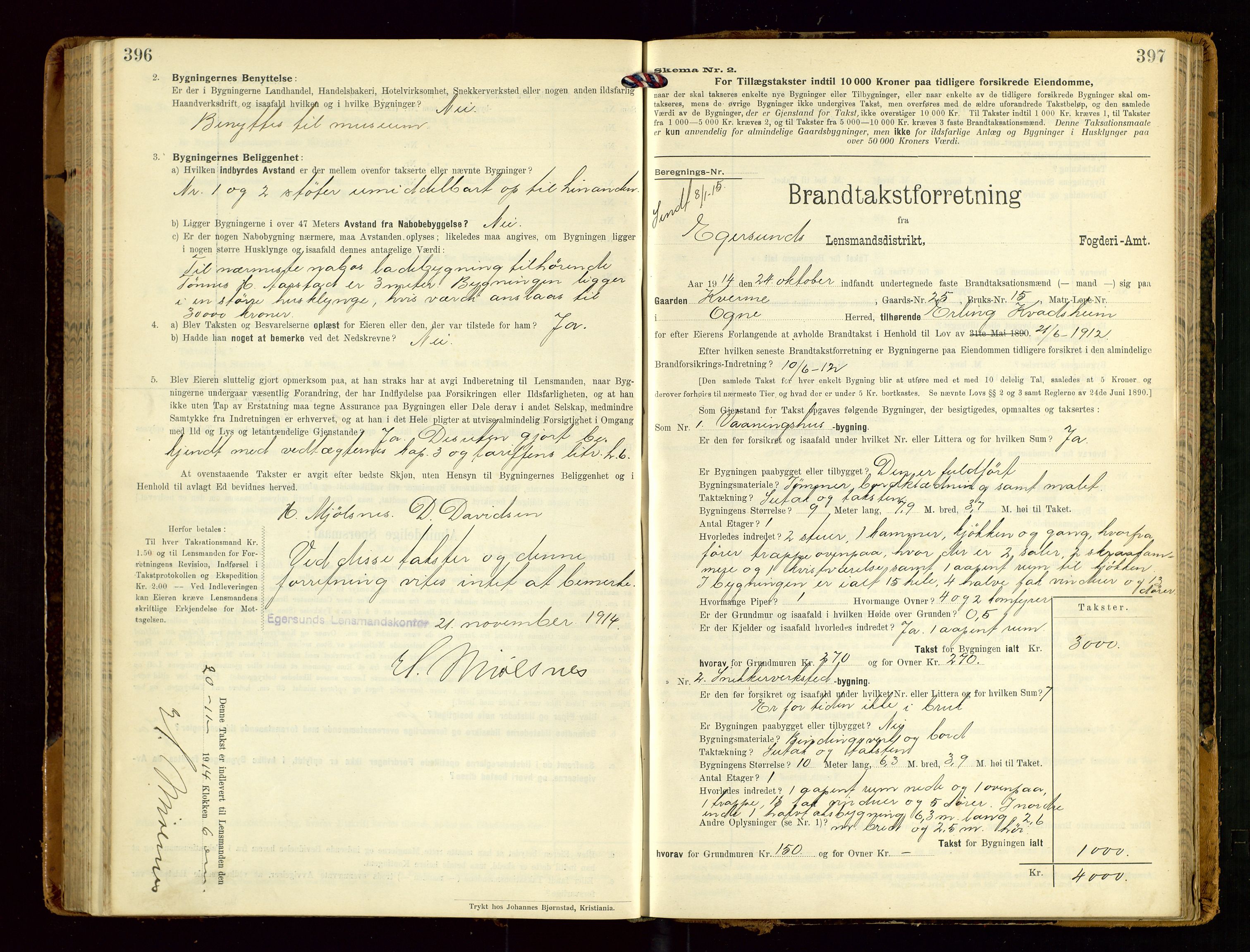 Eigersund lensmannskontor, SAST/A-100171/Gob/L0002: "Brandtakstprotokol", 1910-1916, p. 396-397