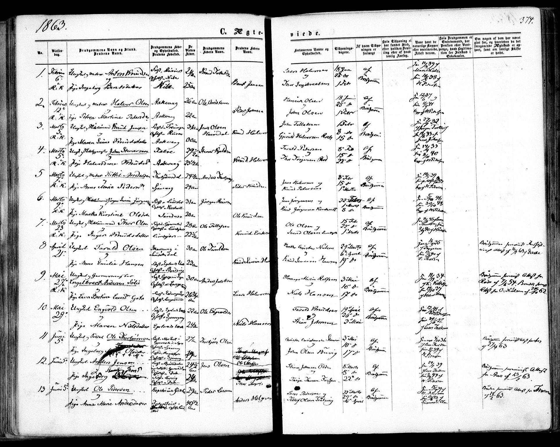 Søndeled sokneprestkontor, AV/SAK-1111-0038/F/Fa/L0003: Parish register (official) no. A 3, 1861-1879, p. 374