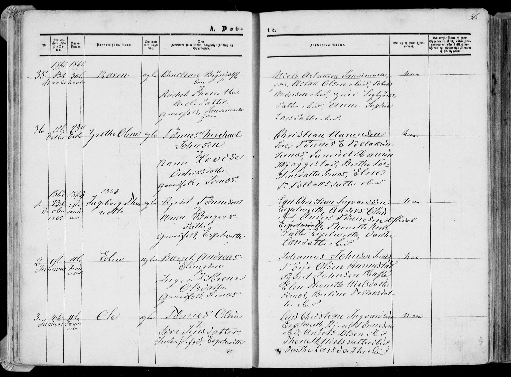 Bakke sokneprestkontor, SAK/1111-0002/F/Fa/Faa/L0006: Parish register (official) no. A 6, 1855-1877, p. 56