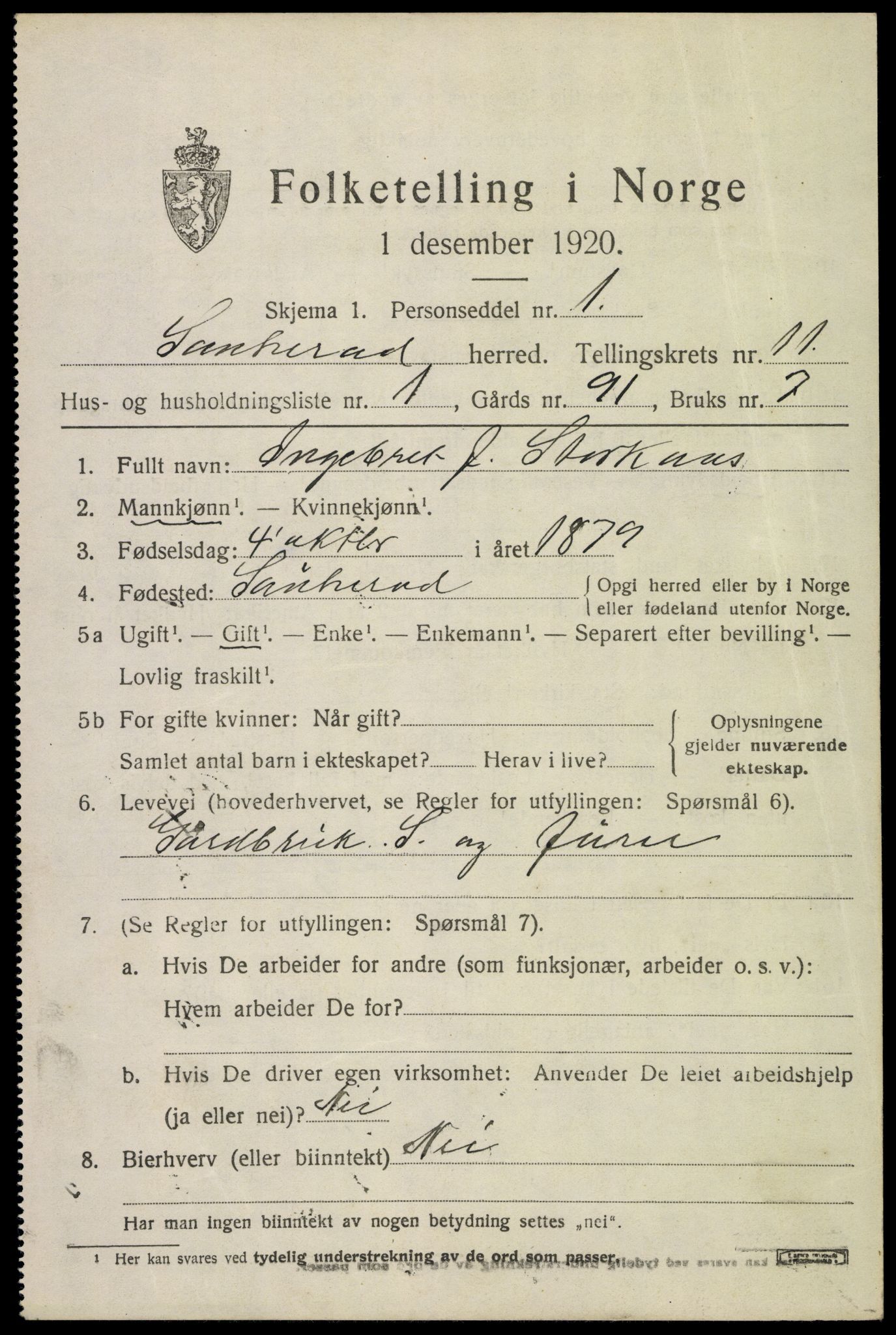 SAKO, 1920 census for Sauherad, 1920, p. 8033