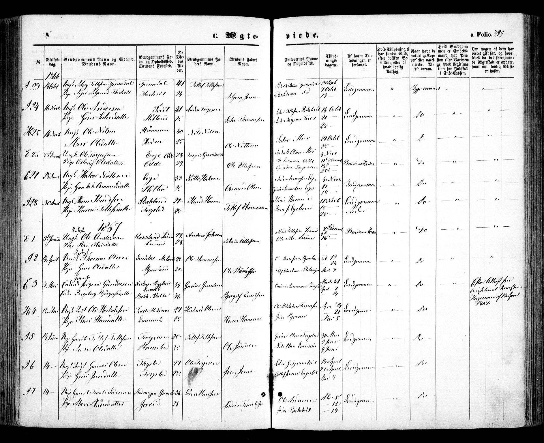 Evje sokneprestkontor, SAK/1111-0008/F/Fa/Faa/L0006: Parish register (official) no. A 6, 1866-1884, p. 285