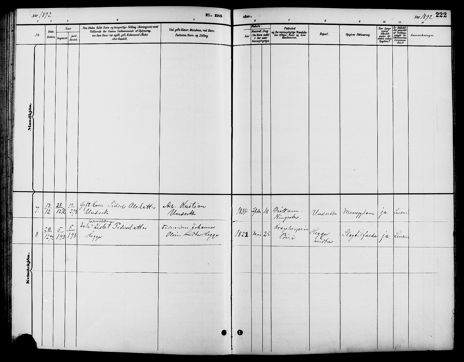 Biri prestekontor, SAH/PREST-096/H/Ha/Hab/L0004: Parish register (copy) no. 4, 1892-1909, p. 222