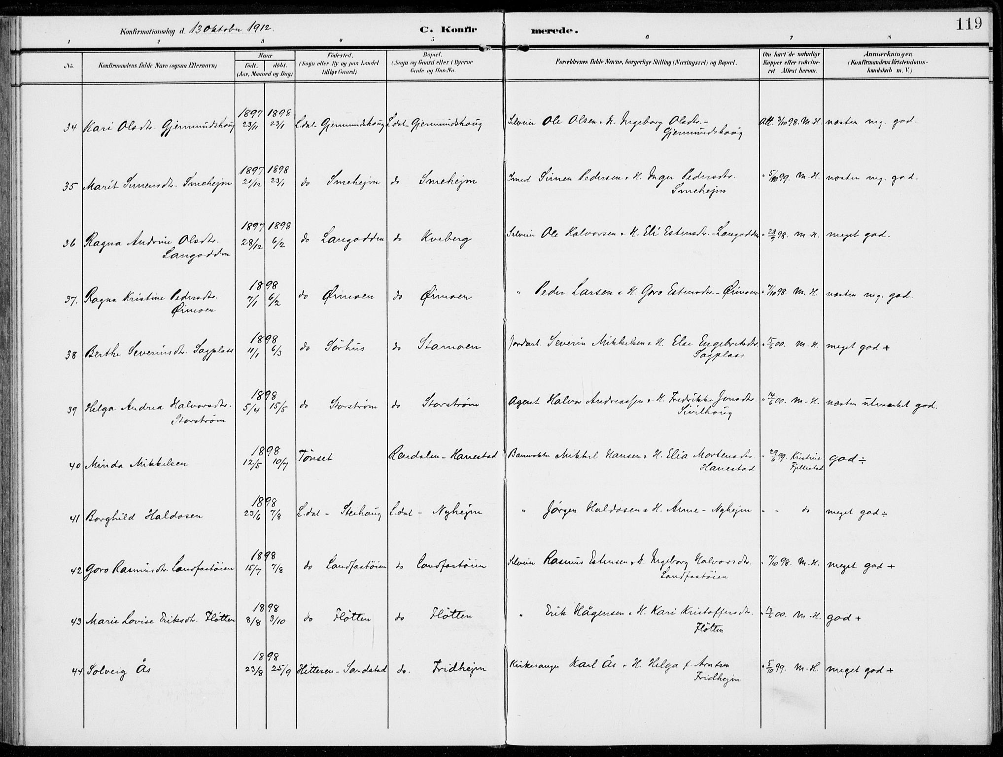 Alvdal prestekontor, AV/SAH-PREST-060/H/Ha/Haa/L0004: Parish register (official) no. 4, 1907-1919, p. 119