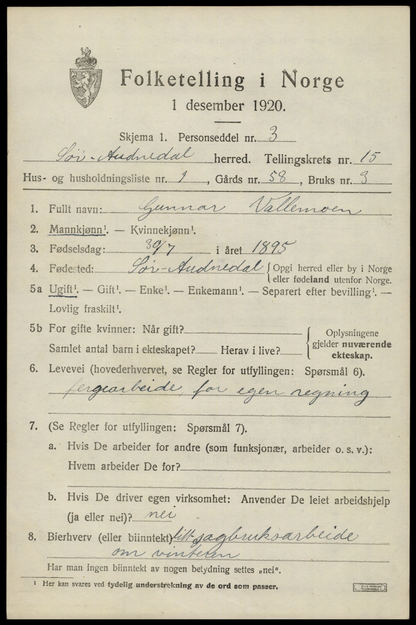 SAK, 1920 census for Sør-Audnedal, 1920, p. 5723