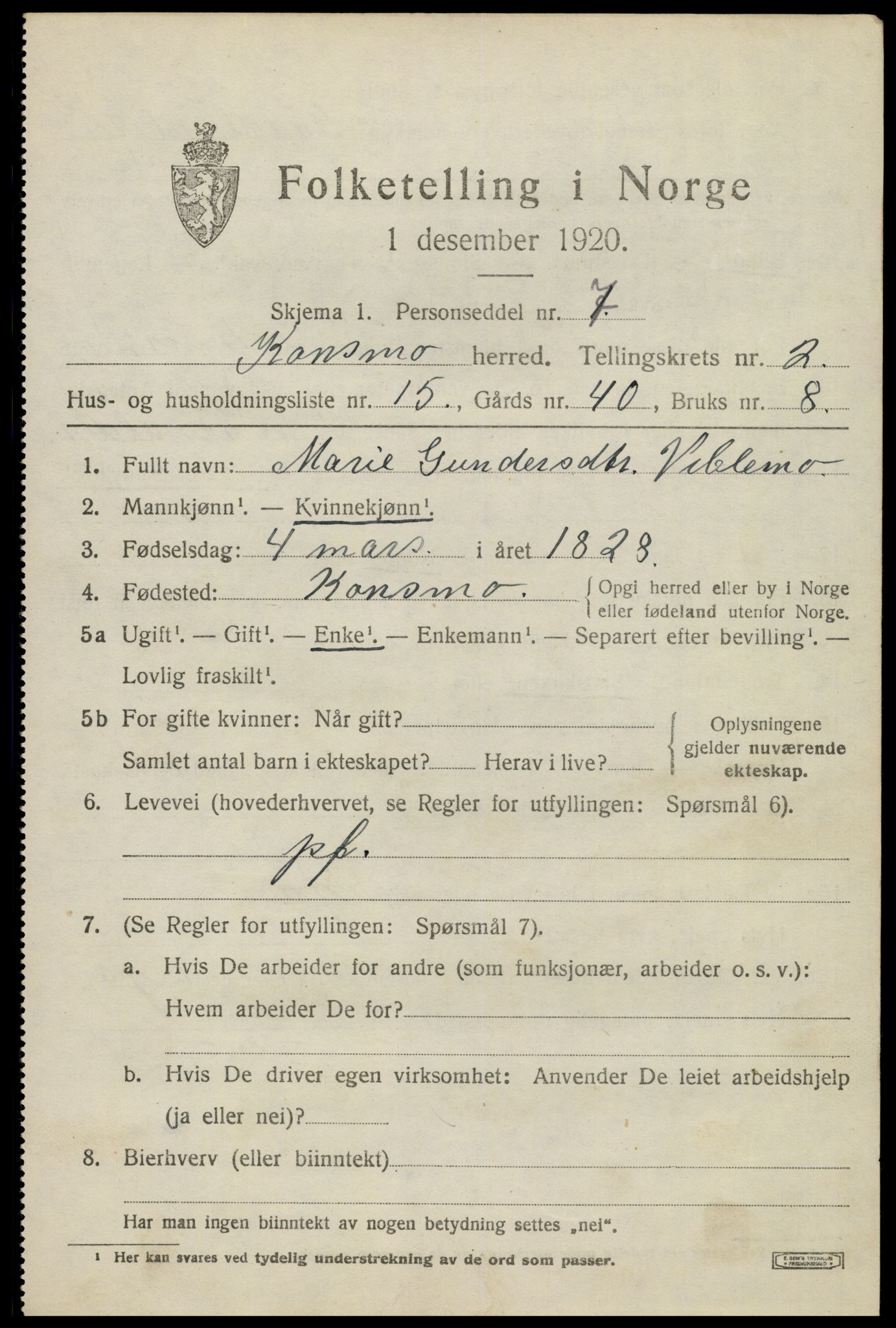 SAK, 1920 census for Konsmo, 1920, p. 1130