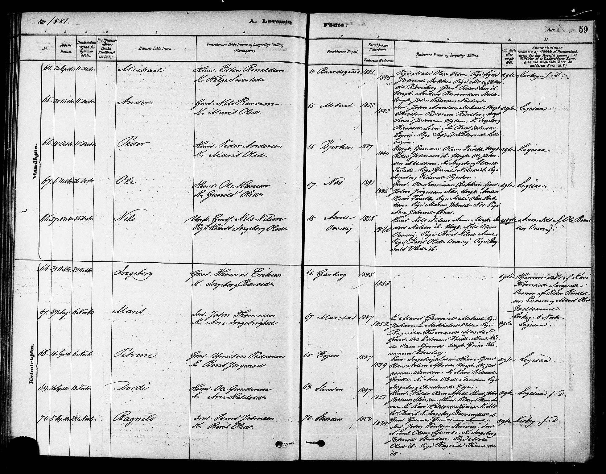 Ministerialprotokoller, klokkerbøker og fødselsregistre - Sør-Trøndelag, AV/SAT-A-1456/695/L1148: Parish register (official) no. 695A08, 1878-1891, p. 59