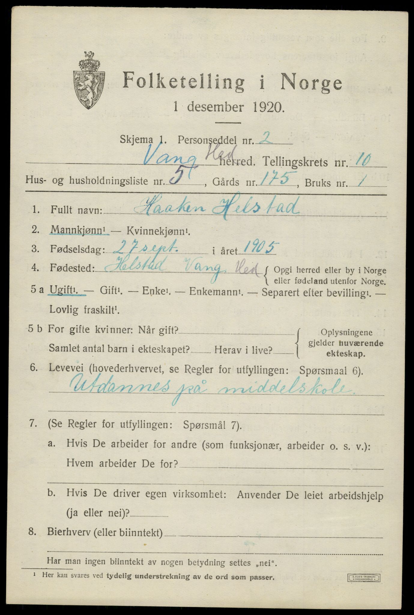 SAH, 1920 census for Vang (Hedmark), 1920, p. 19453