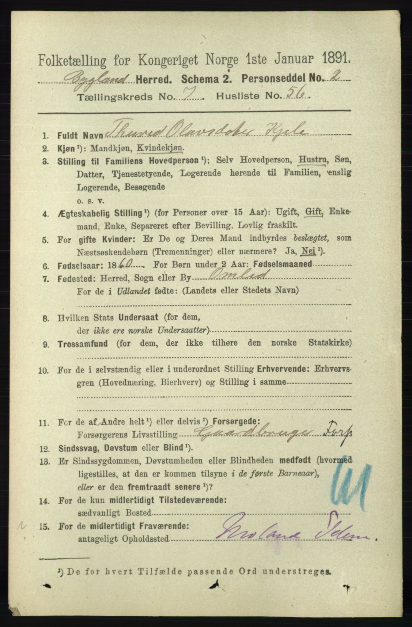 RA, 1891 census for 0938 Bygland, 1891, p. 1865