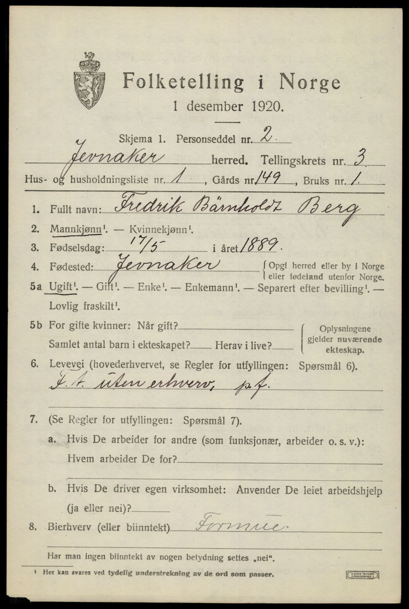 SAH, 1920 census for Jevnaker, 1920, p. 5373