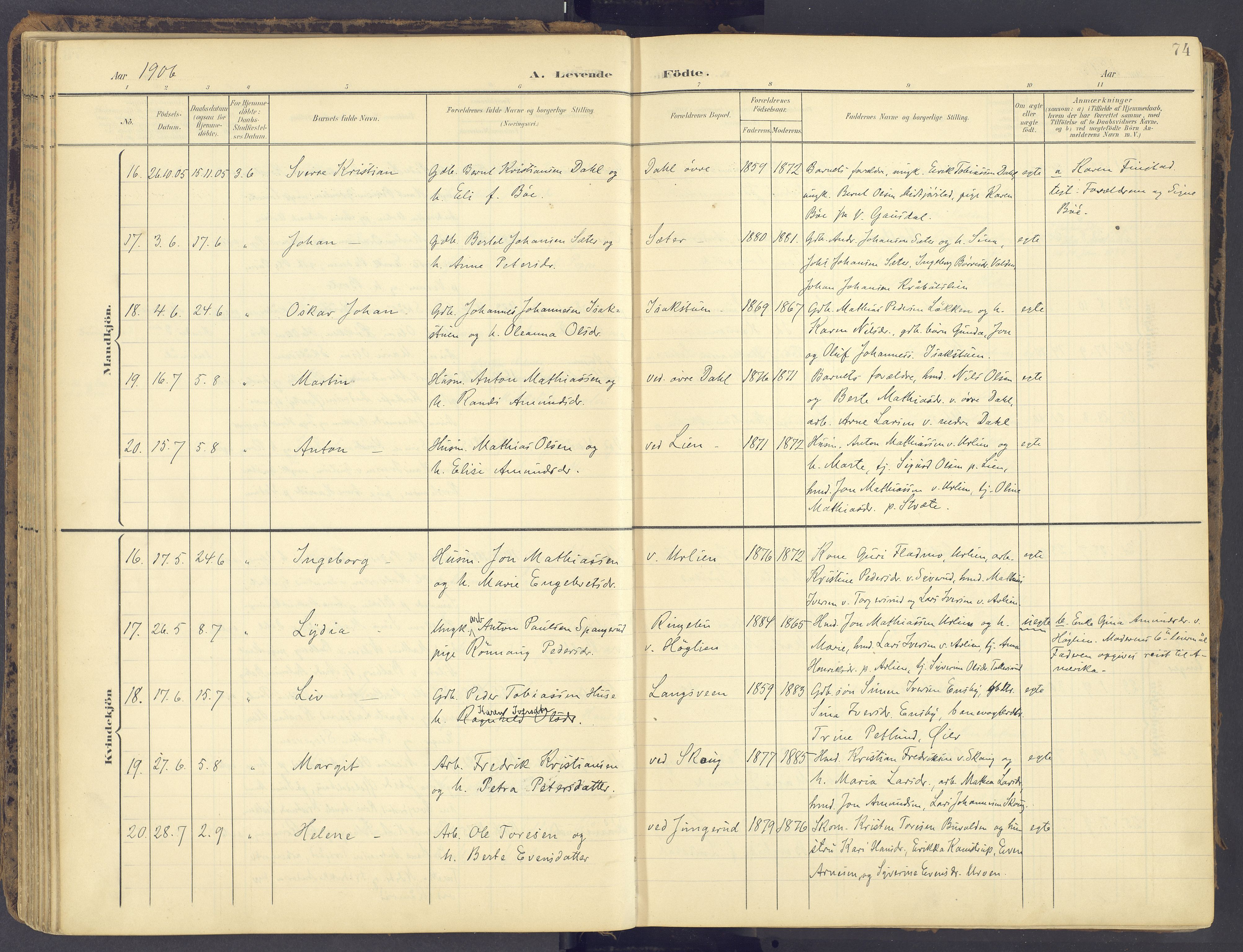 Fåberg prestekontor, AV/SAH-PREST-086/H/Ha/Haa/L0012: Parish register (official) no. 12, 1899-1915, p. 74