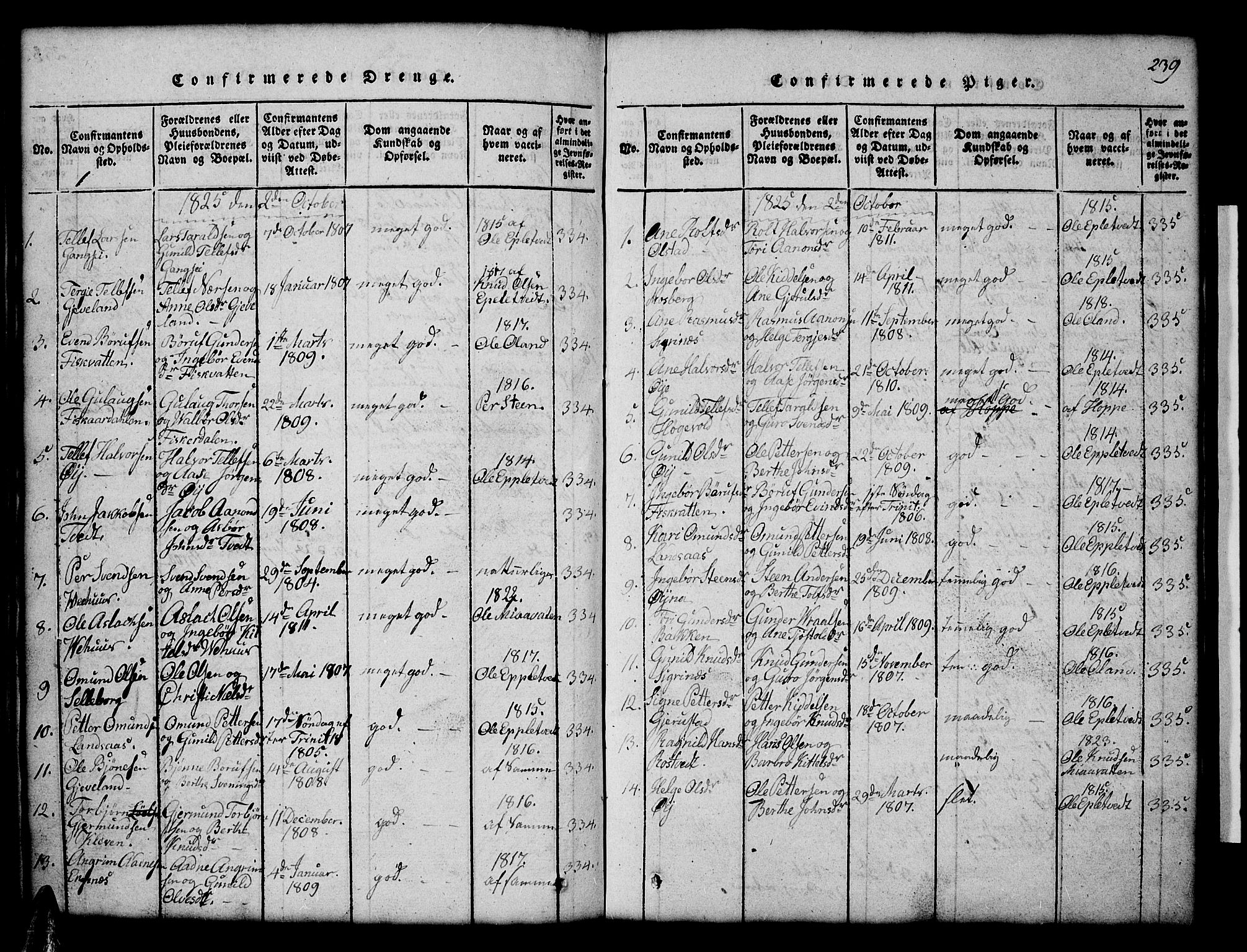 Åmli sokneprestkontor, AV/SAK-1111-0050/F/Fb/Fbc/L0001: Parish register (copy) no. B 1, 1816-1867, p. 239