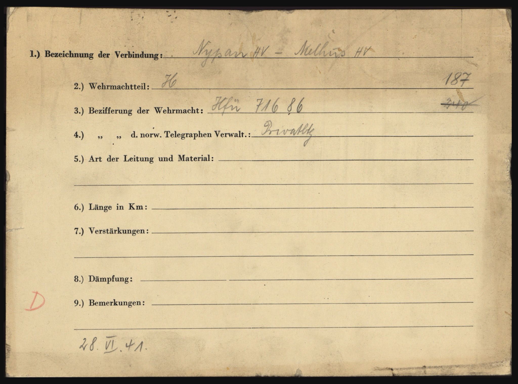 Tyske arkiver, Organisation Todt (OT), Einsatzgruppe Wiking, RA/RAFA-2188/1/O/O12/L0005: Kartotek over tyske telefon- og fjernskriverlinjer i Norge, 1940-1945, p. 1