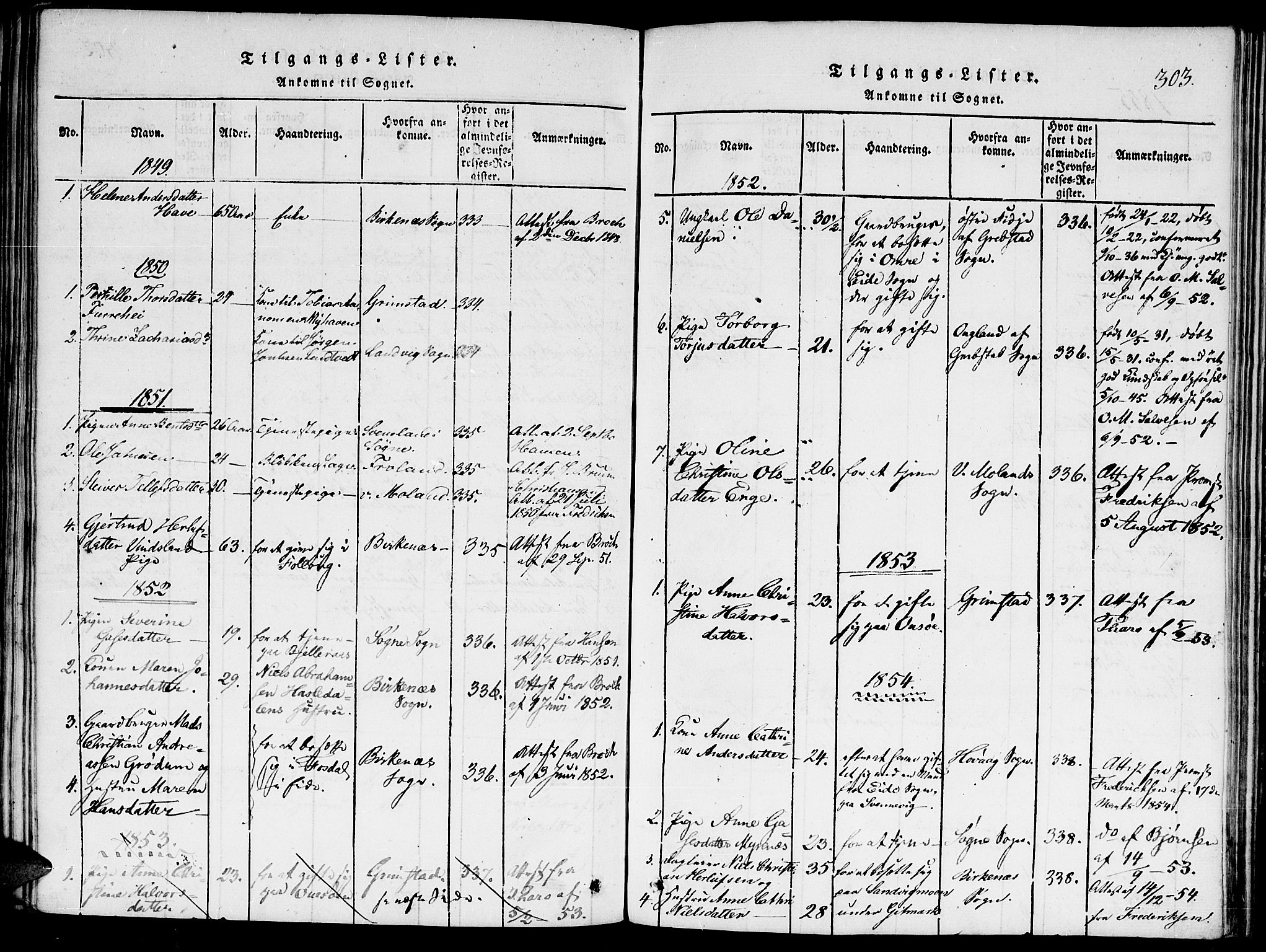 Hommedal sokneprestkontor, SAK/1111-0023/F/Fa/Faa/L0001: Parish register (official) no. A 1, 1816-1860, p. 303