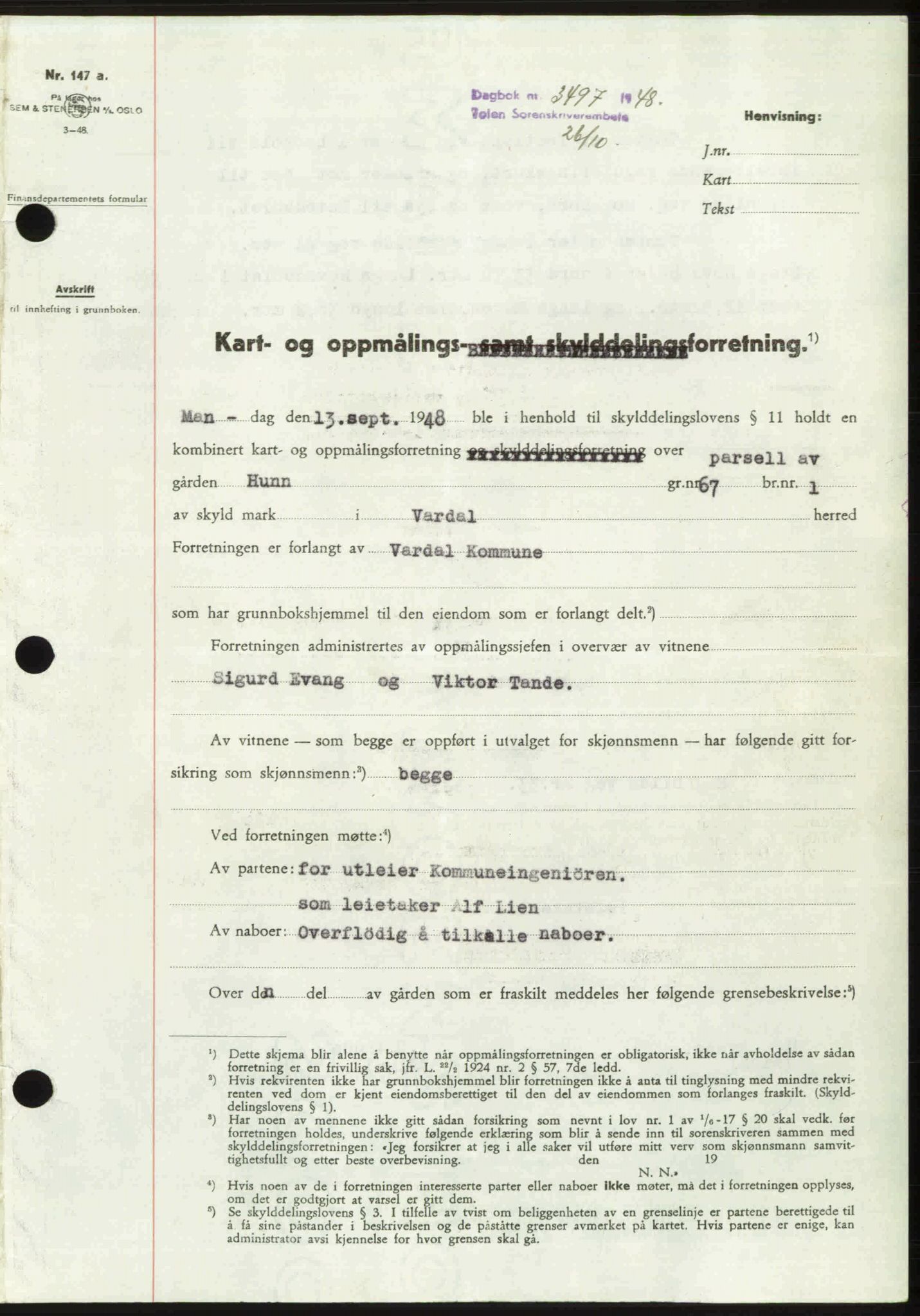 Toten tingrett, SAH/TING-006/H/Hb/Hbc/L0020: Mortgage book no. Hbc-20, 1948-1948, Diary no: : 3497/1948
