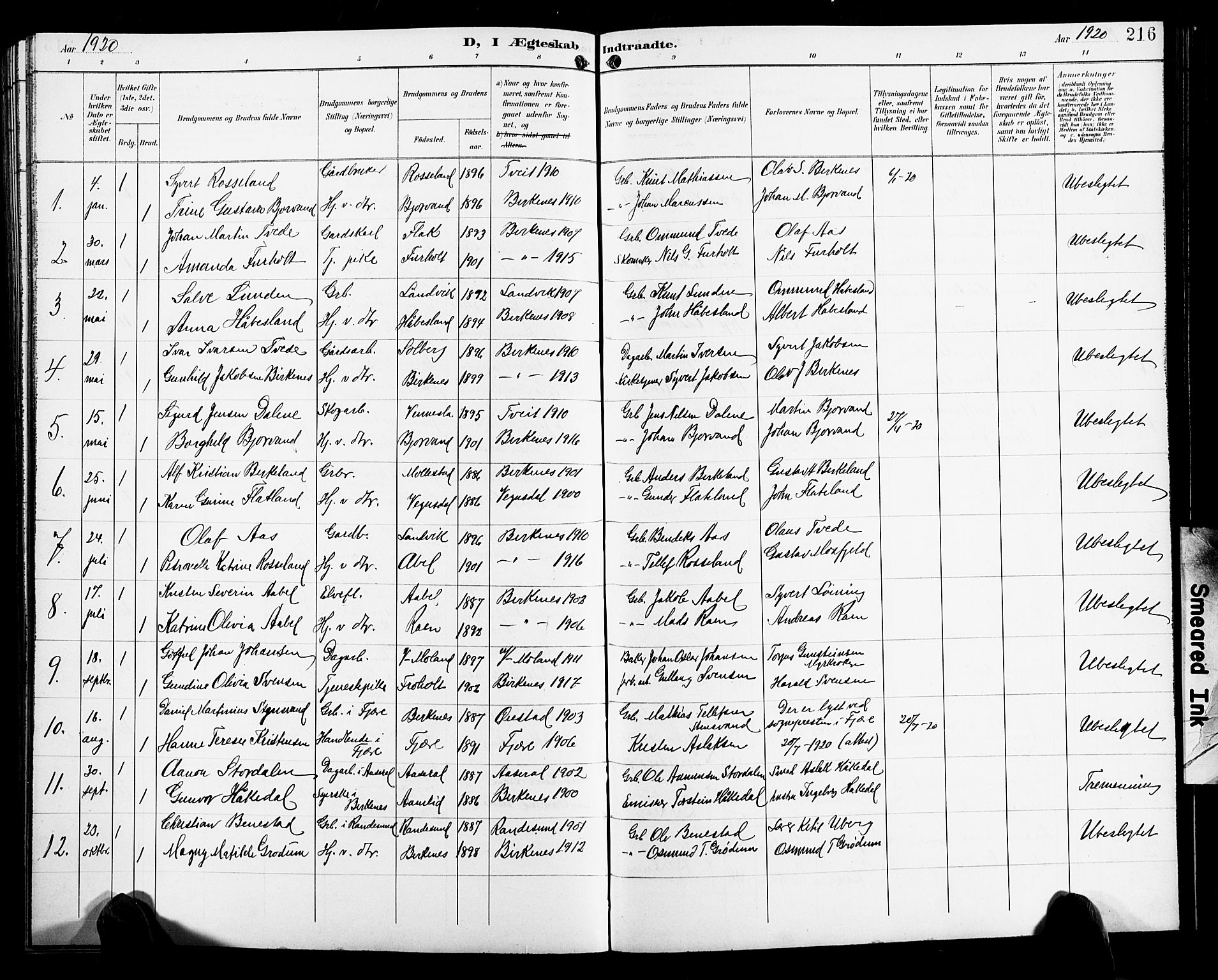 Birkenes sokneprestkontor, SAK/1111-0004/F/Fb/L0004: Parish register (copy) no. B 4, 1893-1930, p. 216