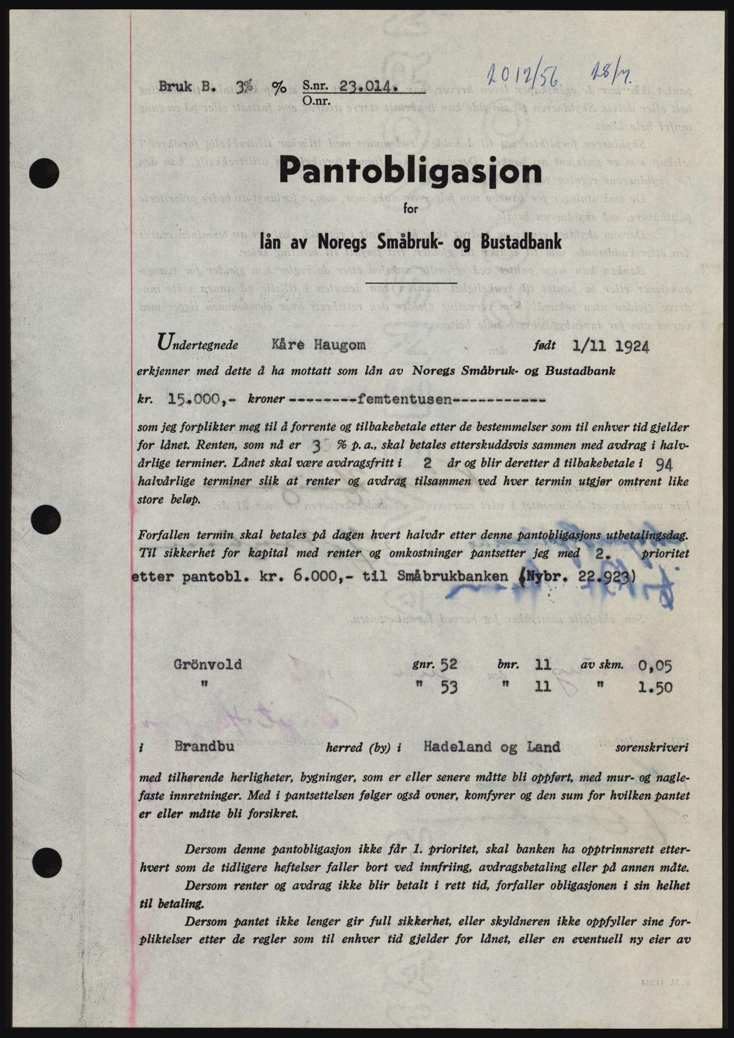 Hadeland og Land tingrett, SAH/TING-010/H/Hb/Hbc/L0034: Mortgage book no. B34, 1956-1956, Diary no: : 2012/1956