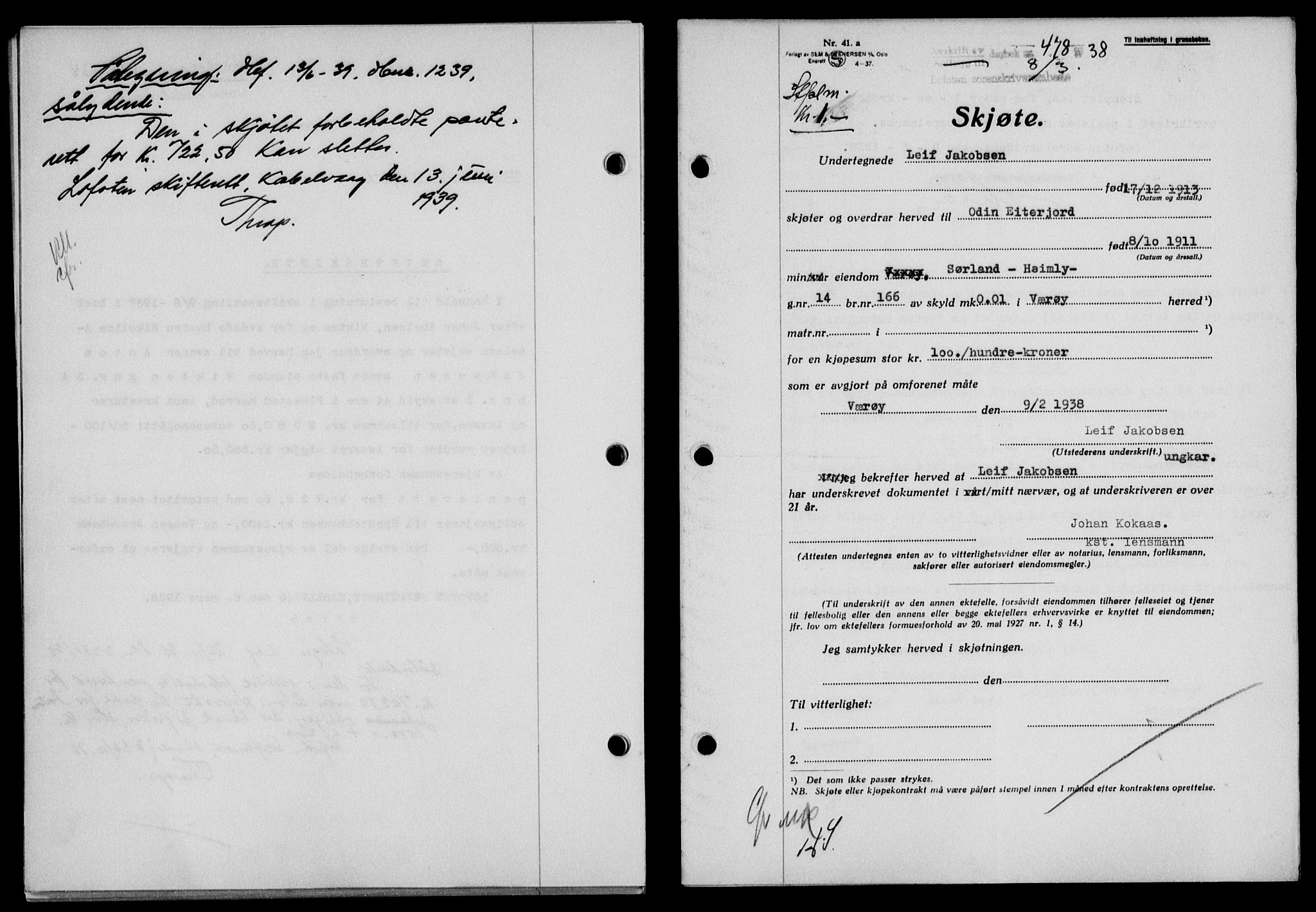 Lofoten sorenskriveri, SAT/A-0017/1/2/2C/L0003a: Mortgage book no. 3a, 1937-1938, Diary no: : 478/1938