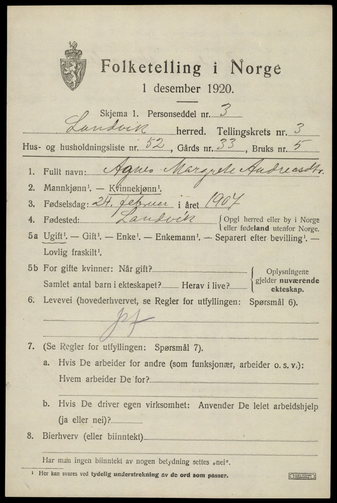 SAK, 1920 census for Landvik, 1920, p. 3406