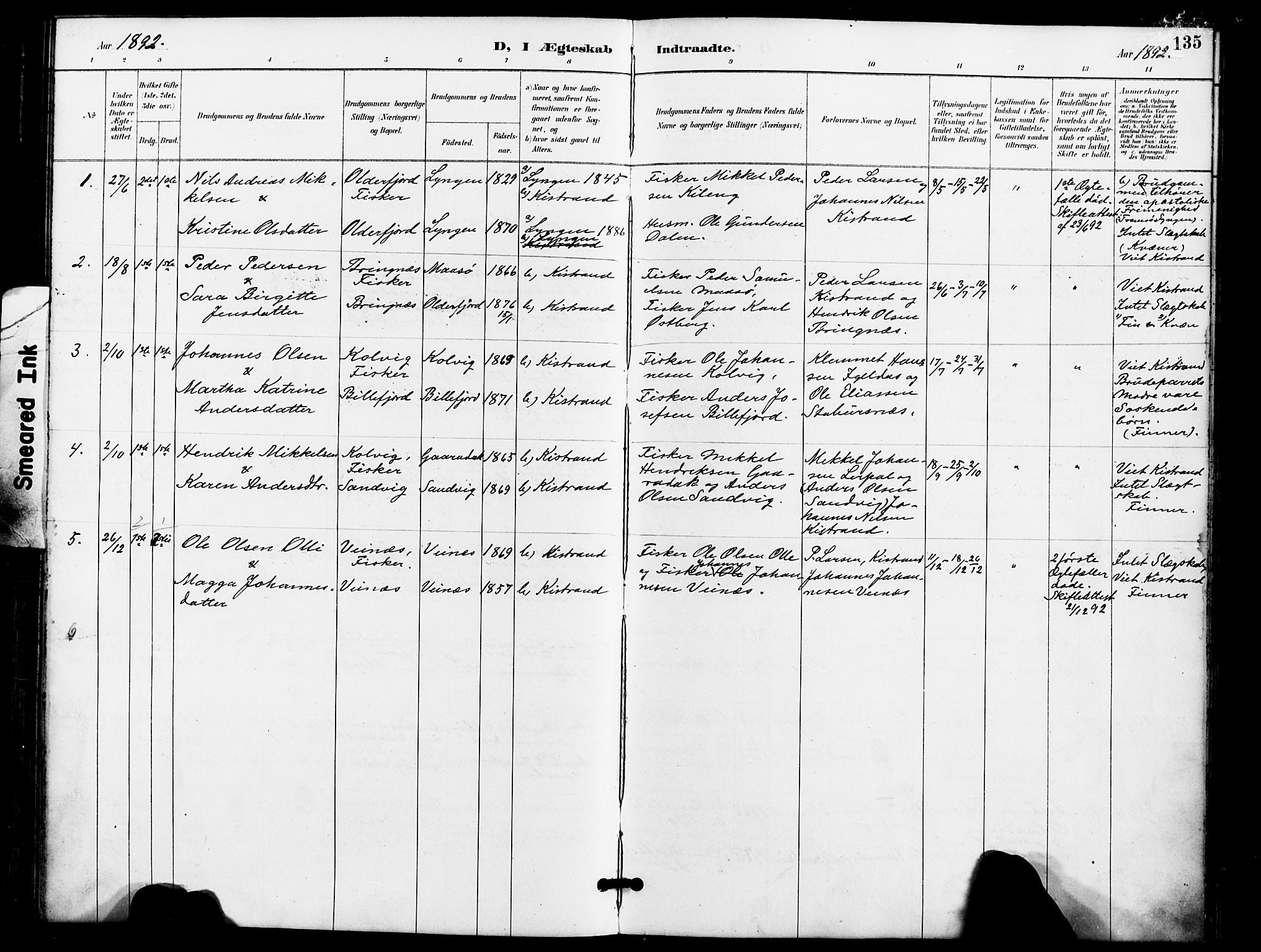 Kistrand/Porsanger sokneprestembete, AV/SATØ-S-1351/H/Ha/L0008.kirke: Parish register (official) no. 8, 1890-1898, p. 135